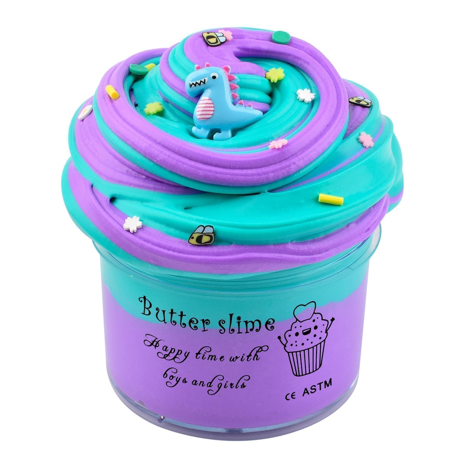 Premium Green with Purple Slime, 7oz. Scented Butter Slime for Boys Girls, Birthday Party Favors for Kids, Dinosaur Charm, Great 6-12 Year Old Toys, Super Soft Sludge Toy
