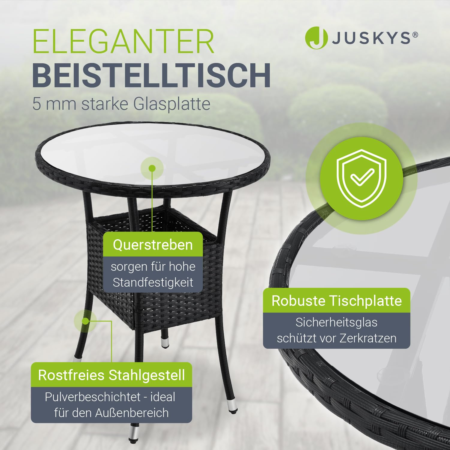 Juskys Polyrattan Balkon Set Bayamo 2 Personen - Tisch mit Glasplatte & 2 Stühlen - Wetterfeste Balkonmöbel - Auflagen waschbar - schwarz - grau