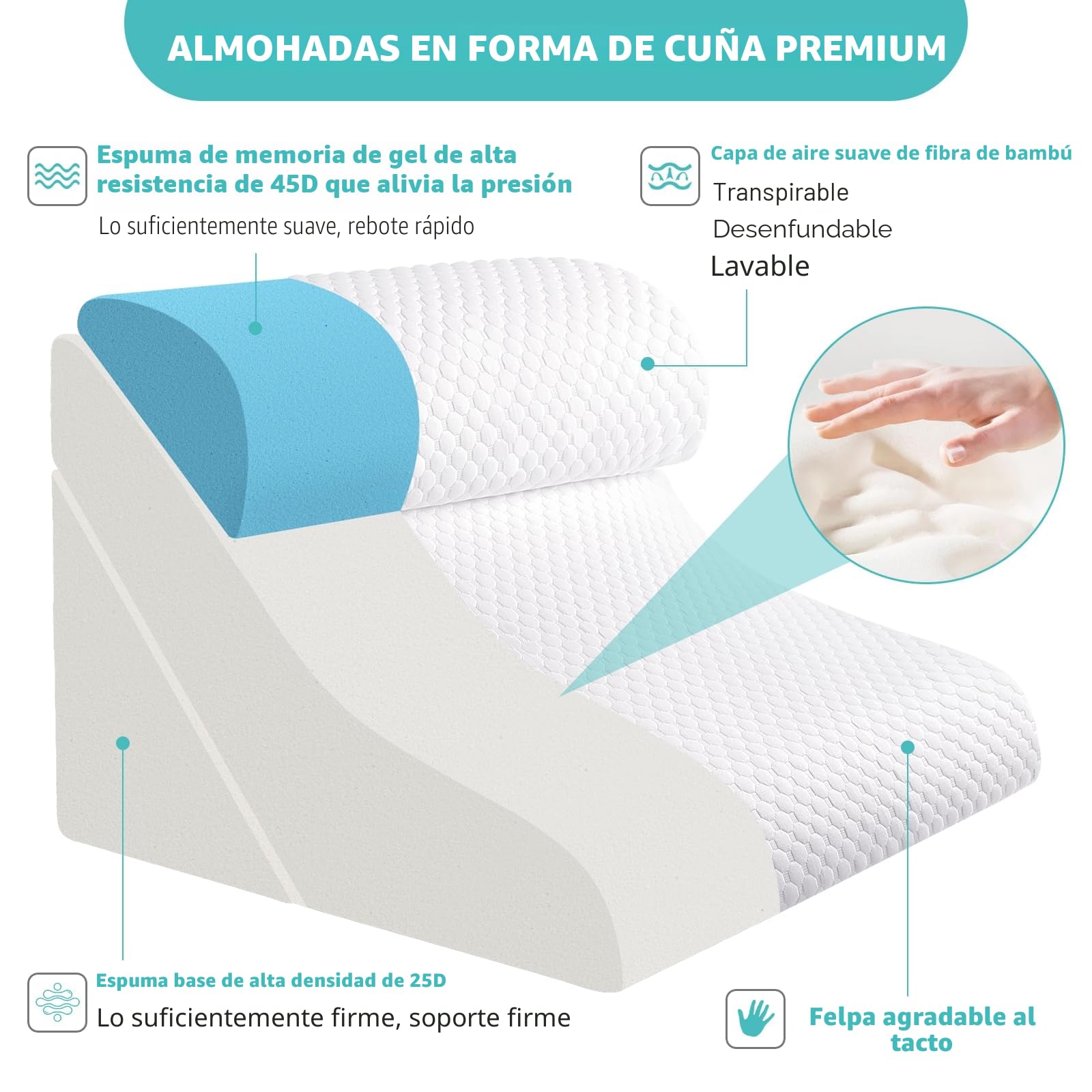 Almohada de cuña para dormir, juego de almohada ortopédica de cuña de cama, 15 en 1, almohada de cuña de espuma viscoelástica ajustable después de la cirugía, 9, 16 y 20 pulgadas de altura, almohadas