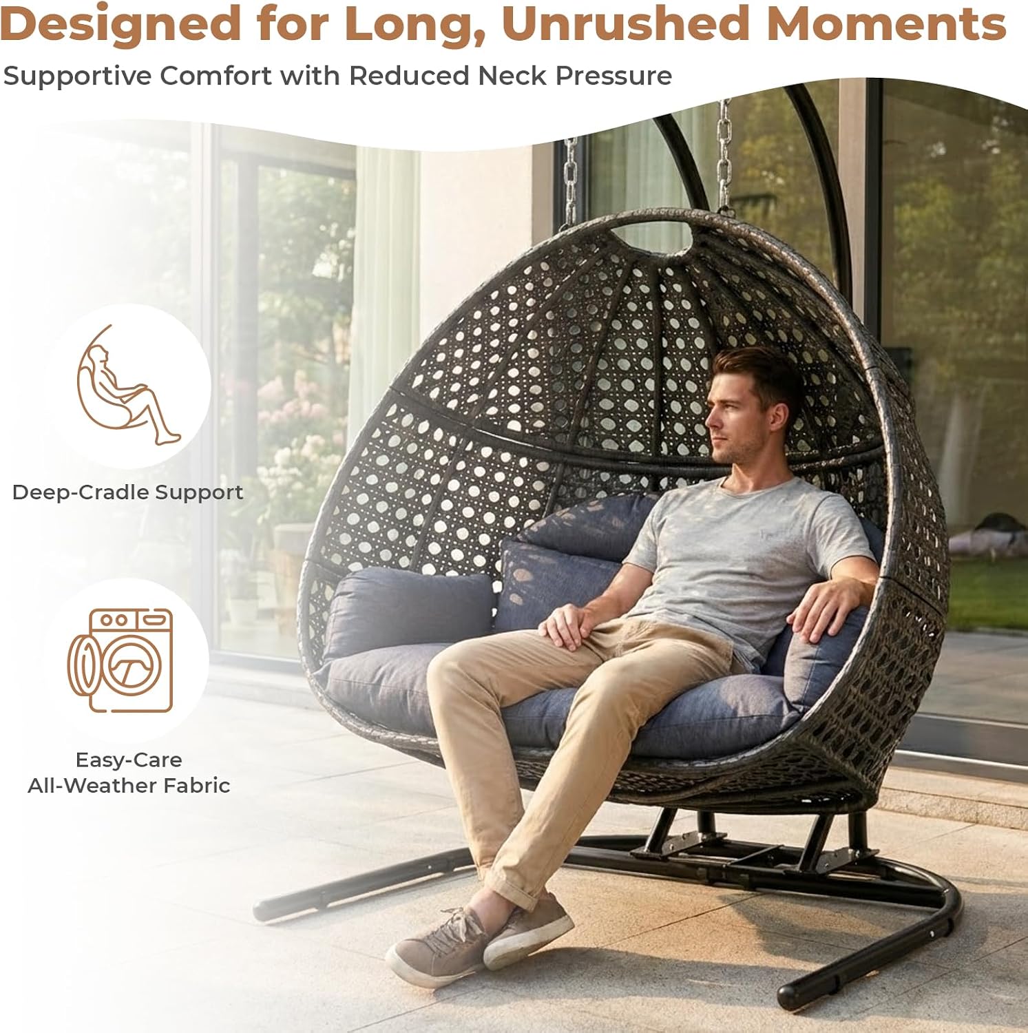 2 Person Egg Chair with Stand, Oversized Wicker Hanging Loveseat, Heavy-Duty Steel Frame, Extra-Thick Cushion, Rain Cover Included, All-Weather Indoor Outdoor Patio Swing Chair, Dark Grey
