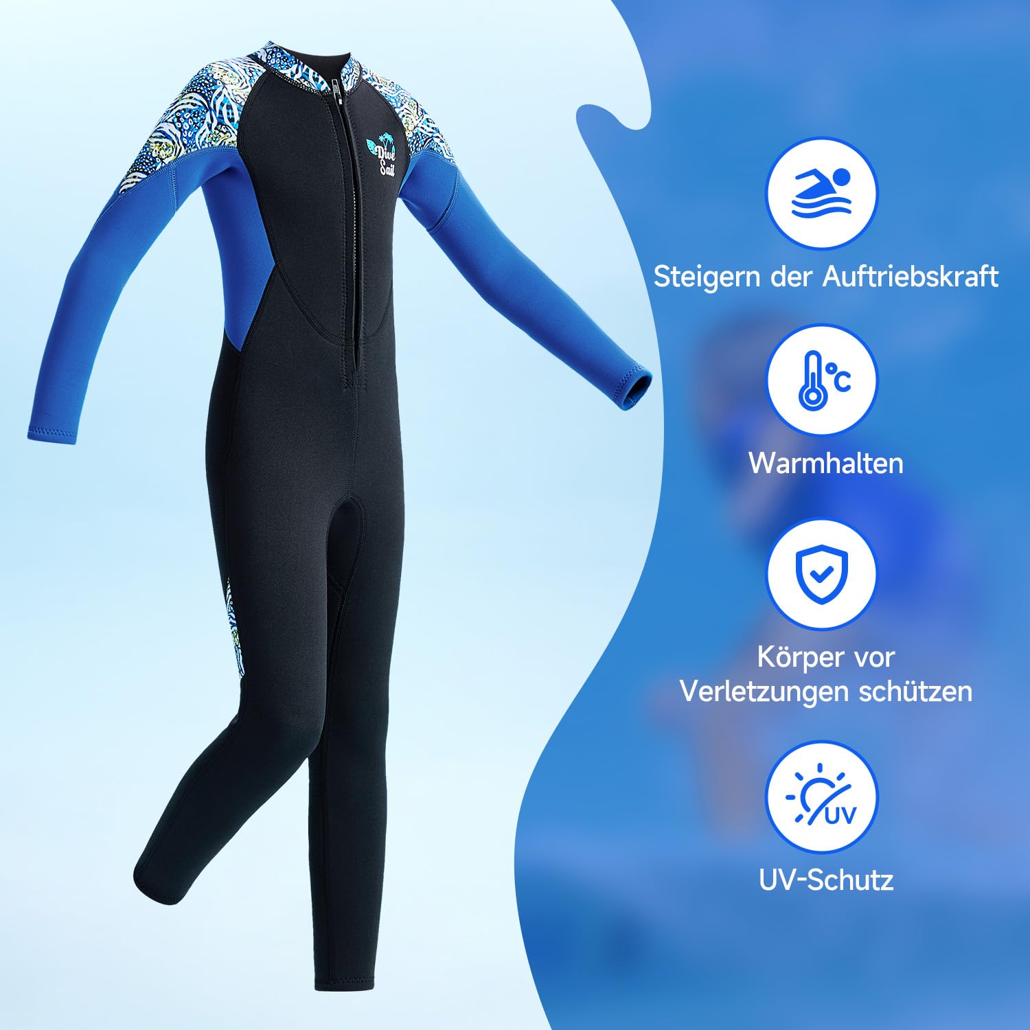 Combinaison en néoprène pour enfants - Combinaison humide pour garçons et filles - 2,5 mm - Fermeture éclair à l'avant - Combinaison de plongée chaude - Natation - Sports nautiques - Surf - Snorkeling