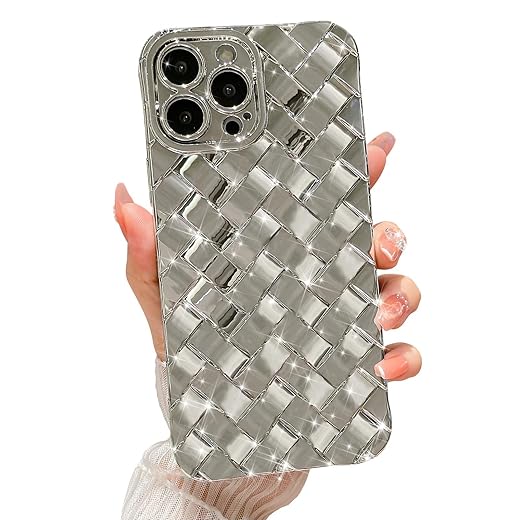 MGQILING Compatible with iPhone 13 Pro Max Case-6.7 Inch, Fashion 3D Woven Pattern Plating Phone Case, Grid Printed case for Women Girls Soft Silicone Shockproof Camera Protective Back Cover-Gold