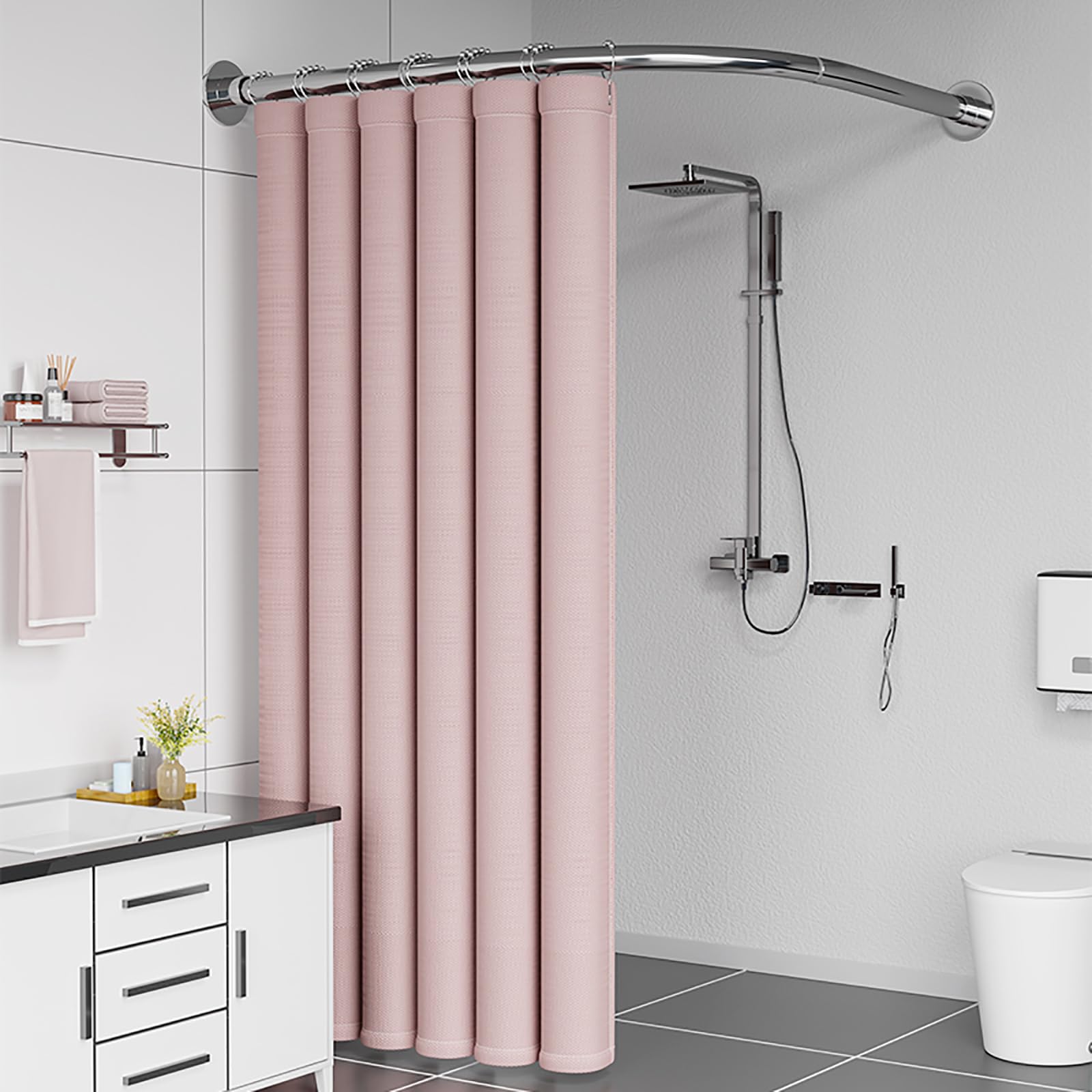 Barra De Cortina De Ducha En Forma De L Extensible, Barra Ducha Curvada De Acero Inoxidable, Barra Cortina Baño Esquina Sin Taladro, Para Cuarto De Baño, Bañe(Size:D 70-95cm x 105 -165cm,Color:Silver)