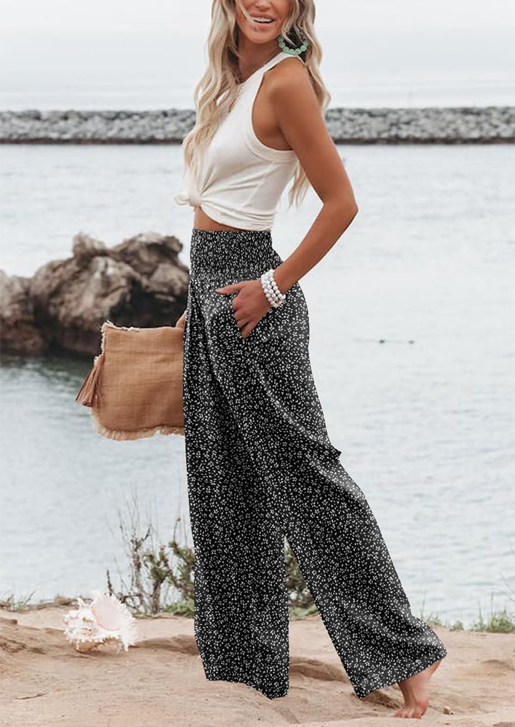 Womens Casual Loose Fit Palazzo Pants Elastic High Waist Lounge Long Pajama Wide Leg Trousers with Pocket - Image 5