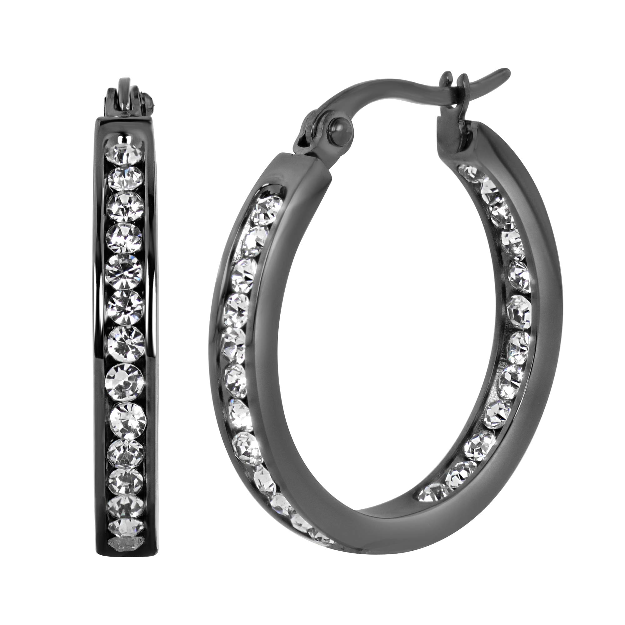 S.Michael Designs Stainless Steel 1" Inch Black Inside Outside Crystal Hoop Earring