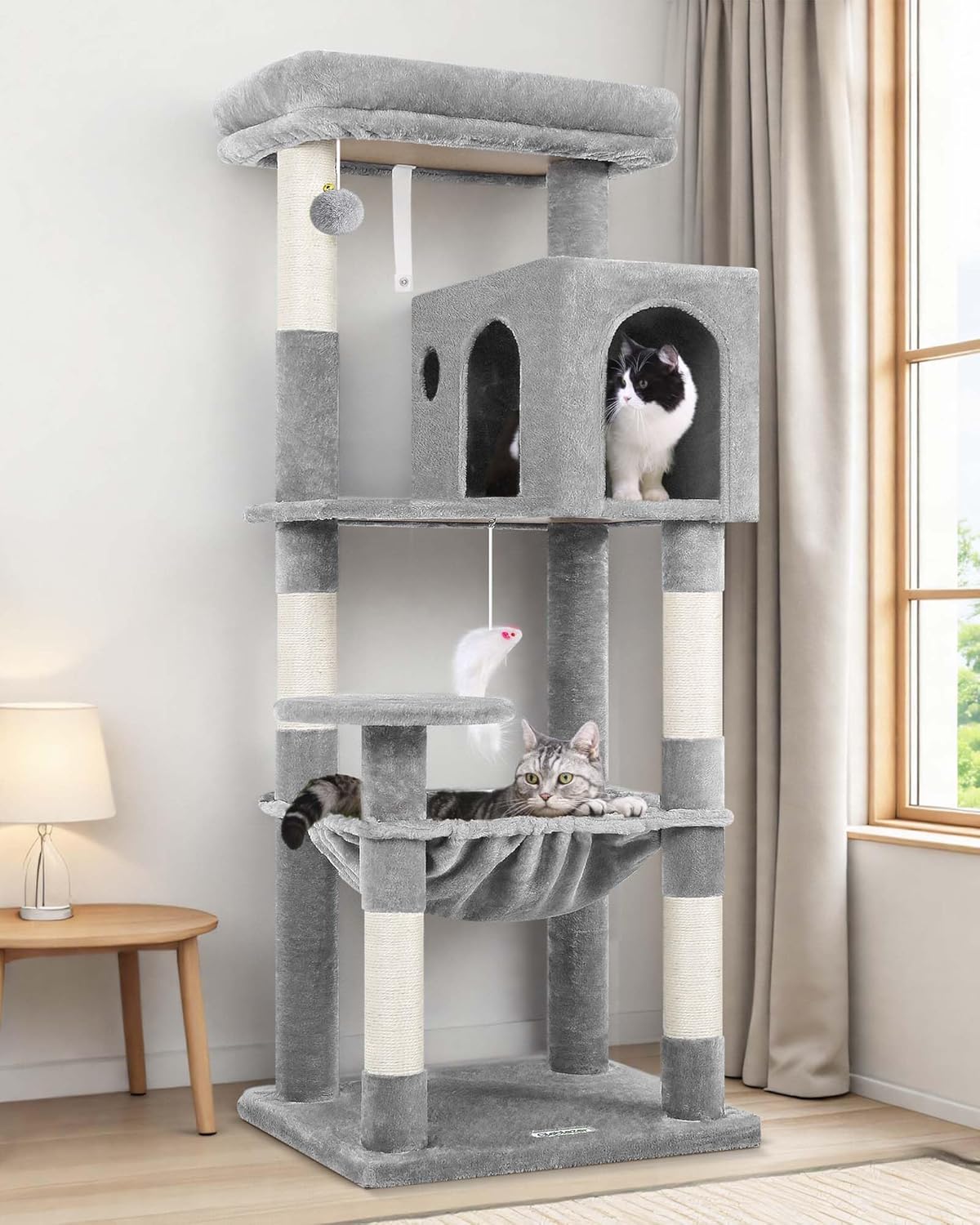 Globlazer Cat Tree Tower with Scratching Post for Indoor Cats, 53inch Tall Plush Multi-Level Cat Climbing Tower Condo House with Large Hammock, Spacious Cat Cave, Padded Top Perch Bed, F53, Light Gray 53inch Light Gray