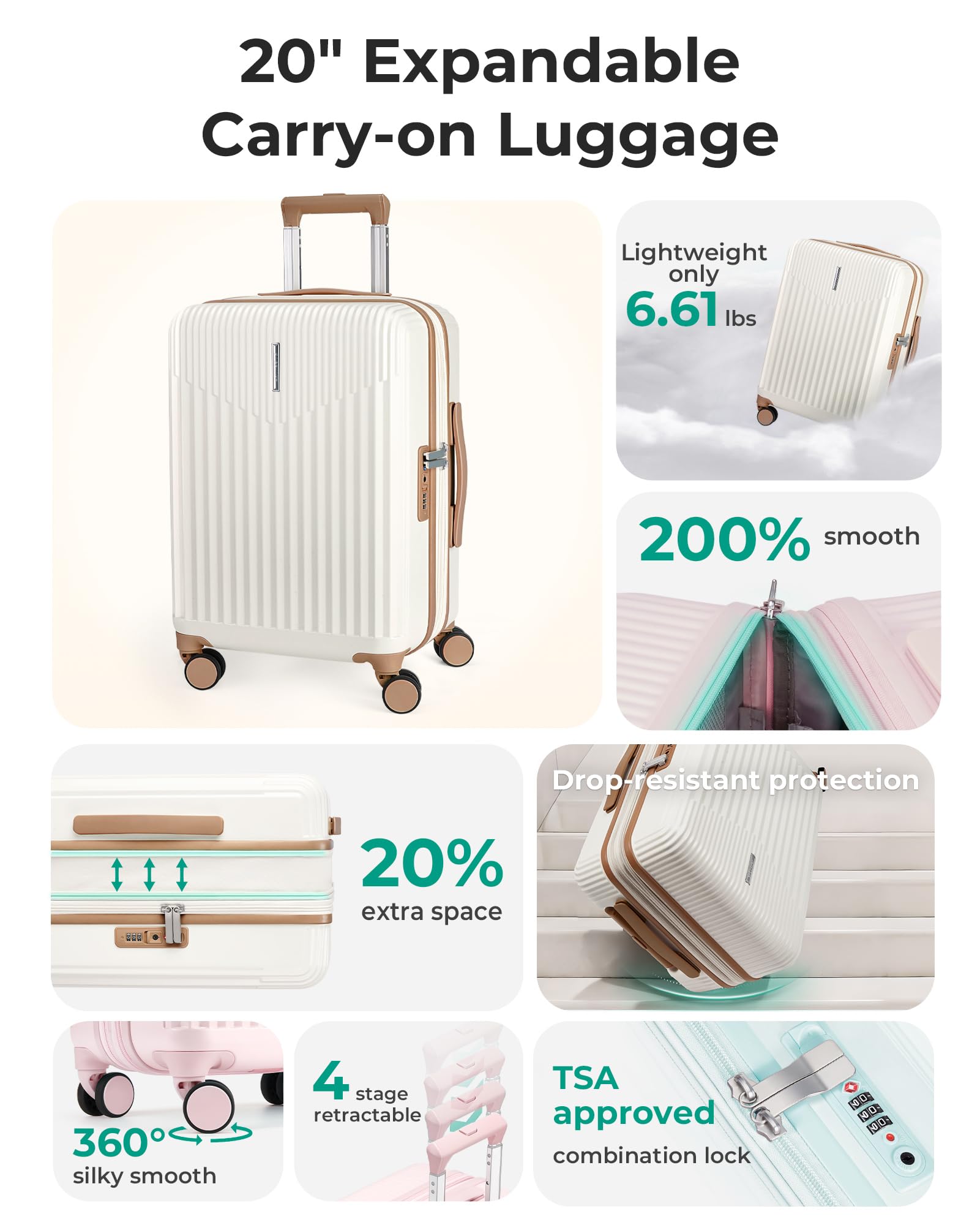 BAGSMART Carry On Luggage 22x14x9 Airline Approved with Spinner Wheels,100% PC Hardside Expandable Luggage with TSA Lock for Trips, 20 Inch Rolling Suitcases for Men Women,Green: Beige