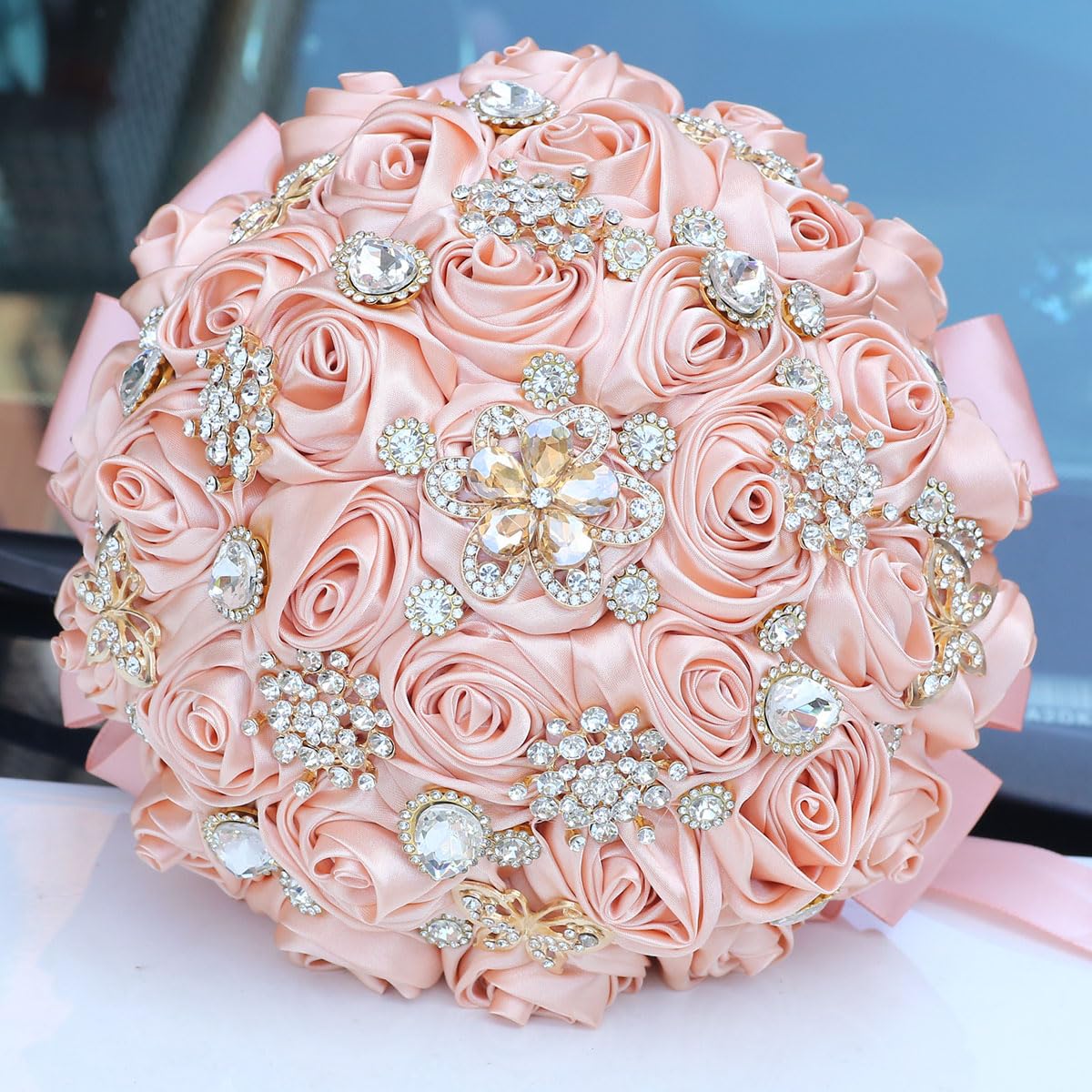 19 cm rosa pesca bouquet da sposa rotondo Bling spilla bouquet lancio artificiale mazzo di fiori per sposa damigella d'onore matrimonio Quinceanera