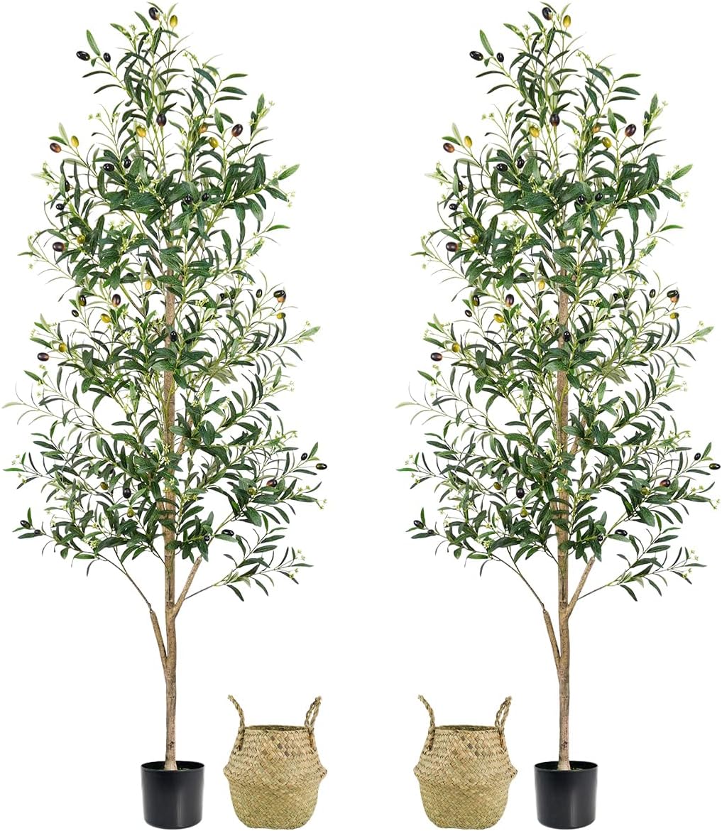 Faux Olive Tree 6FT, Artificial Potted Tree with Planter, Silk Plants Indoor Outdoor, Lifelike Olive Plants with Natural Wood Trunk, Fruits and Buds, Home Office Decor, 2 Pack