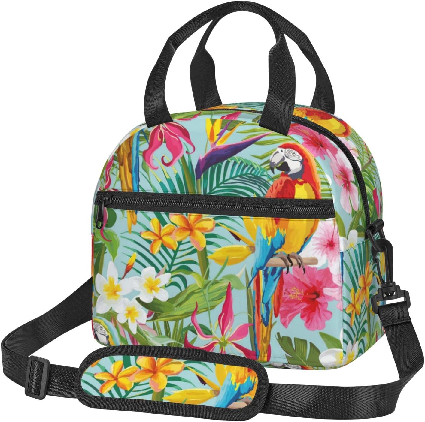 Tropical plants and parrots Print Reusable Lunch Bag Insulated Lunch Boxes for Office Work Picnic Tote Bag Adjustable
