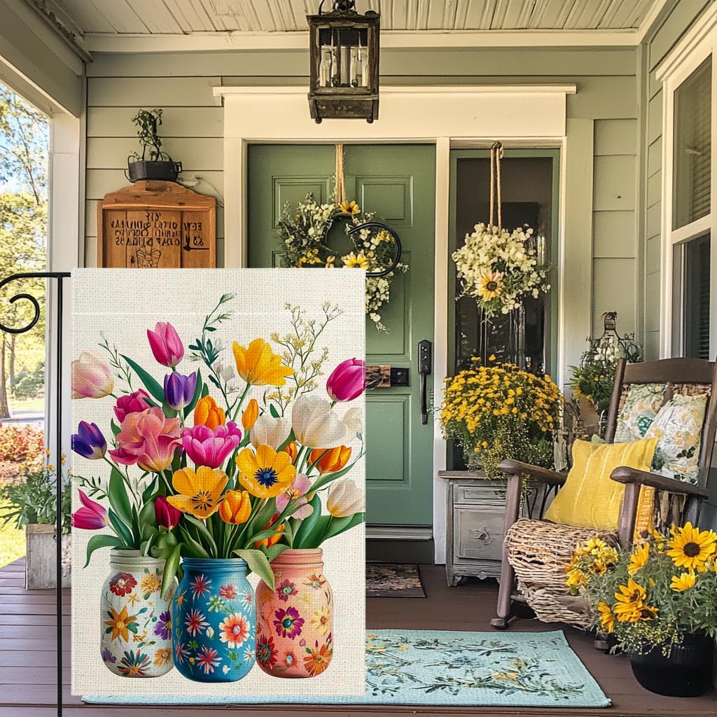 Spring Summer Colorful Floral Mason Jar Garden Flag 12x18 Inch Double Sided Tulip Daffodil Flower Yard Outdoor Flag House Holiday Outside Decoration - Image 5