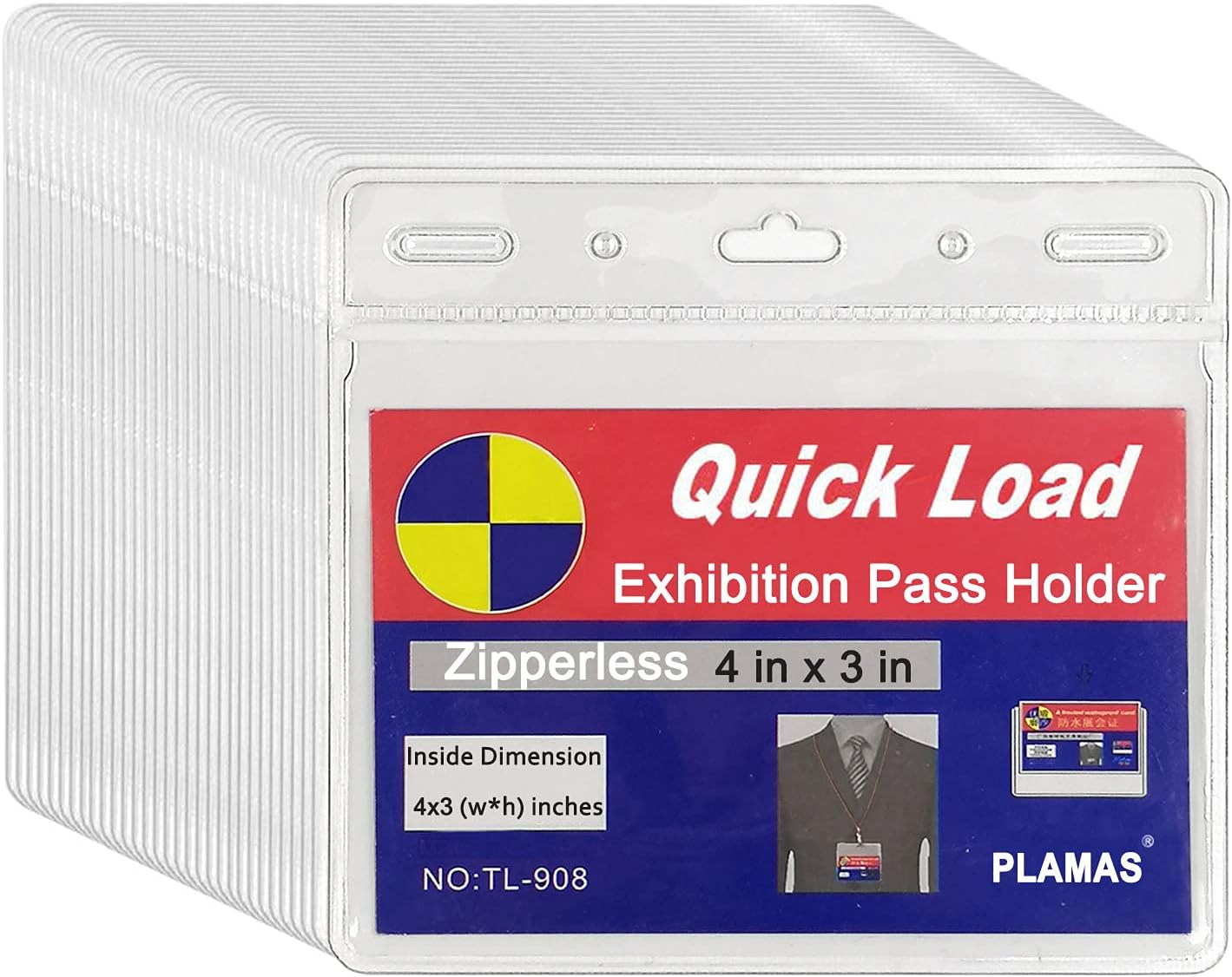 250 Pack - WTQ Zipperless Badge Holders (Fits 4x3in Inserts), Horizontal, Non-sealable, Quick Open Vinyl Pouch for Name Badge, Clear Plastic Sleeve for Tickets, Sports Cards