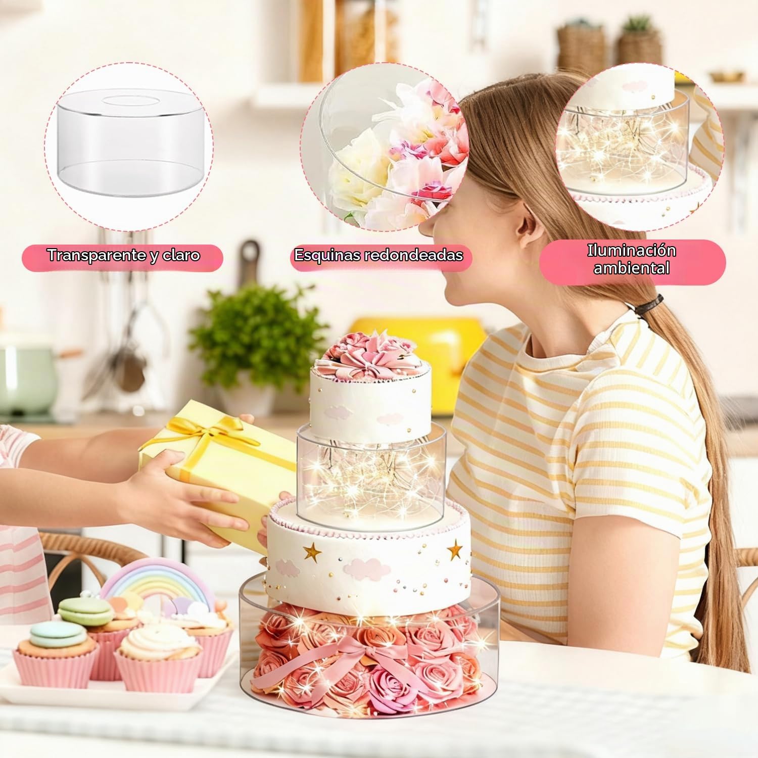 Soporte para tartas rellenable de 3 niveles, soporte acrílico para tartas, exhibición de cilindro, con luces LED, decorativo transparente, soporte para postres para cumpleaños, bodas y celebraciones
