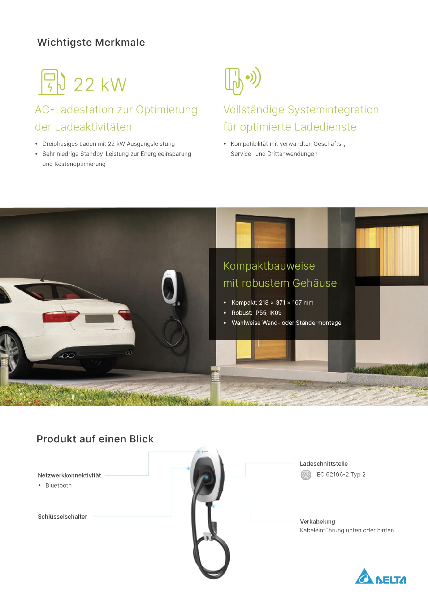 Delta AC MAX Basic, Wallbox für Elektroautos, 11 kW – 3-phasige AC-Ladestation, Typ-2-Stecker