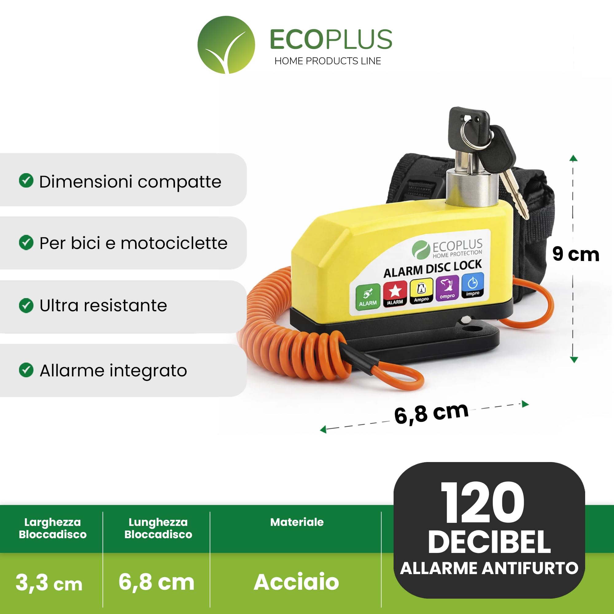 Bloccadisco Moto con Allarme 110 dB – Antifurto Moto Impermeabile in Lega di Alluminio, Lucchetto Blocca Disco 6 mm per Moto Scooter e Bici con Cavo Promemoria e 2 Chiavi