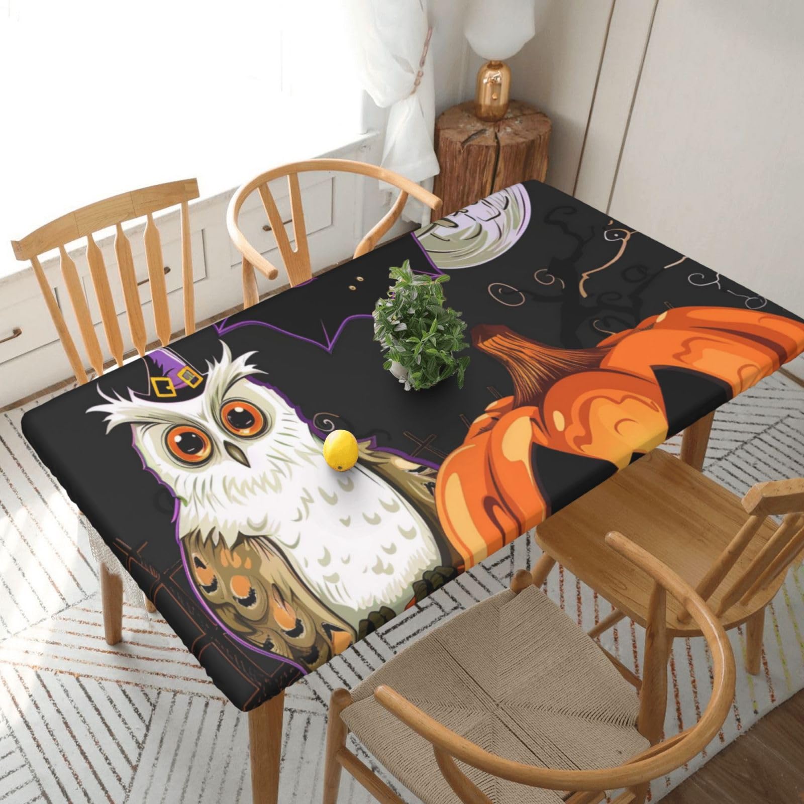 WPKJU Halloween Owl Ghost Pumpkin Printed Tablecloths 5ft Rectangular Table Covers Washable Polyester Decorative Table Cloth for Dining Table Picnic Wedding