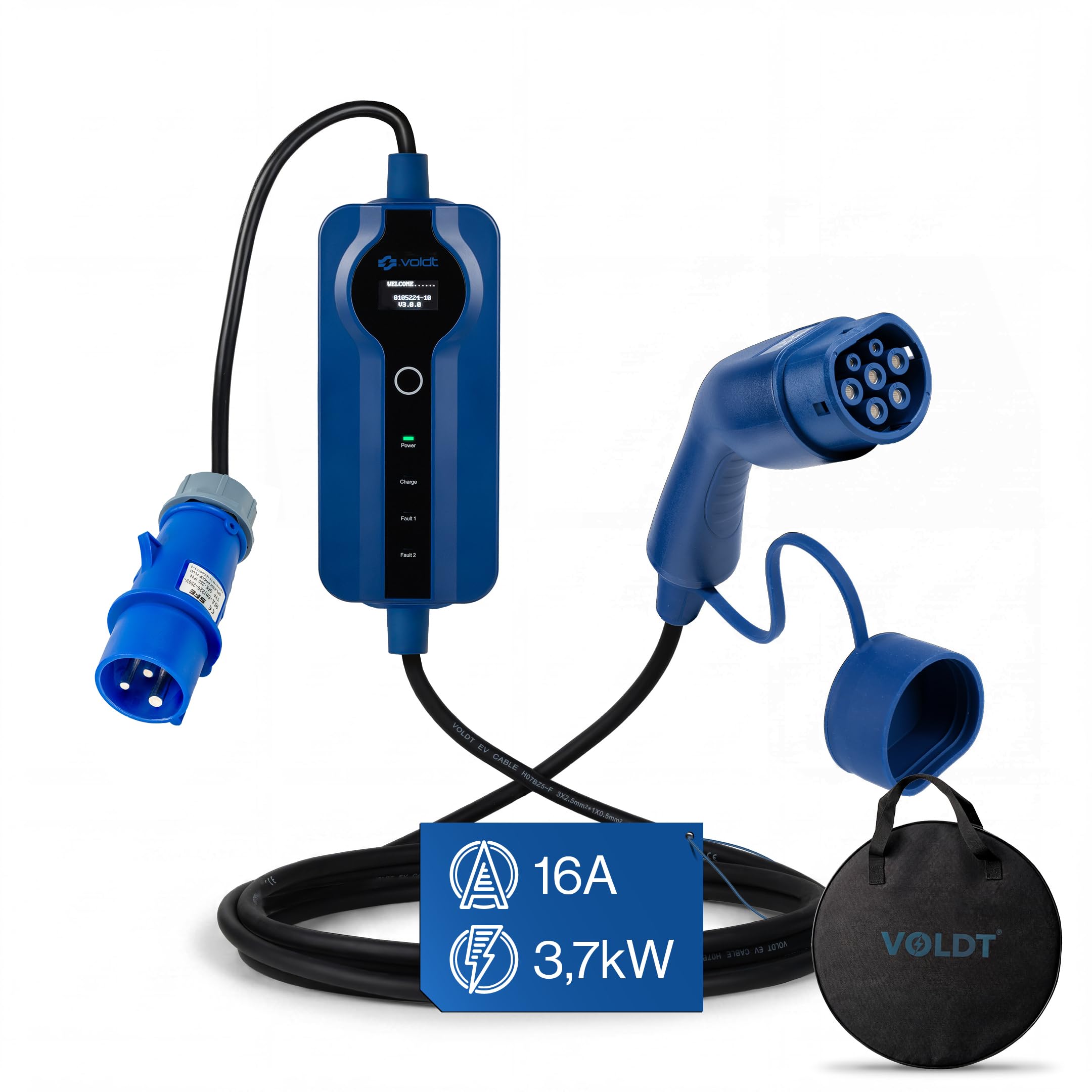 Voldt Kabel do ładowania VE typ 2 - wtyczka CEE Blue 16 A, jednofazowy, regulowany 8 A - 16 A, 3,7 kW (10 m)