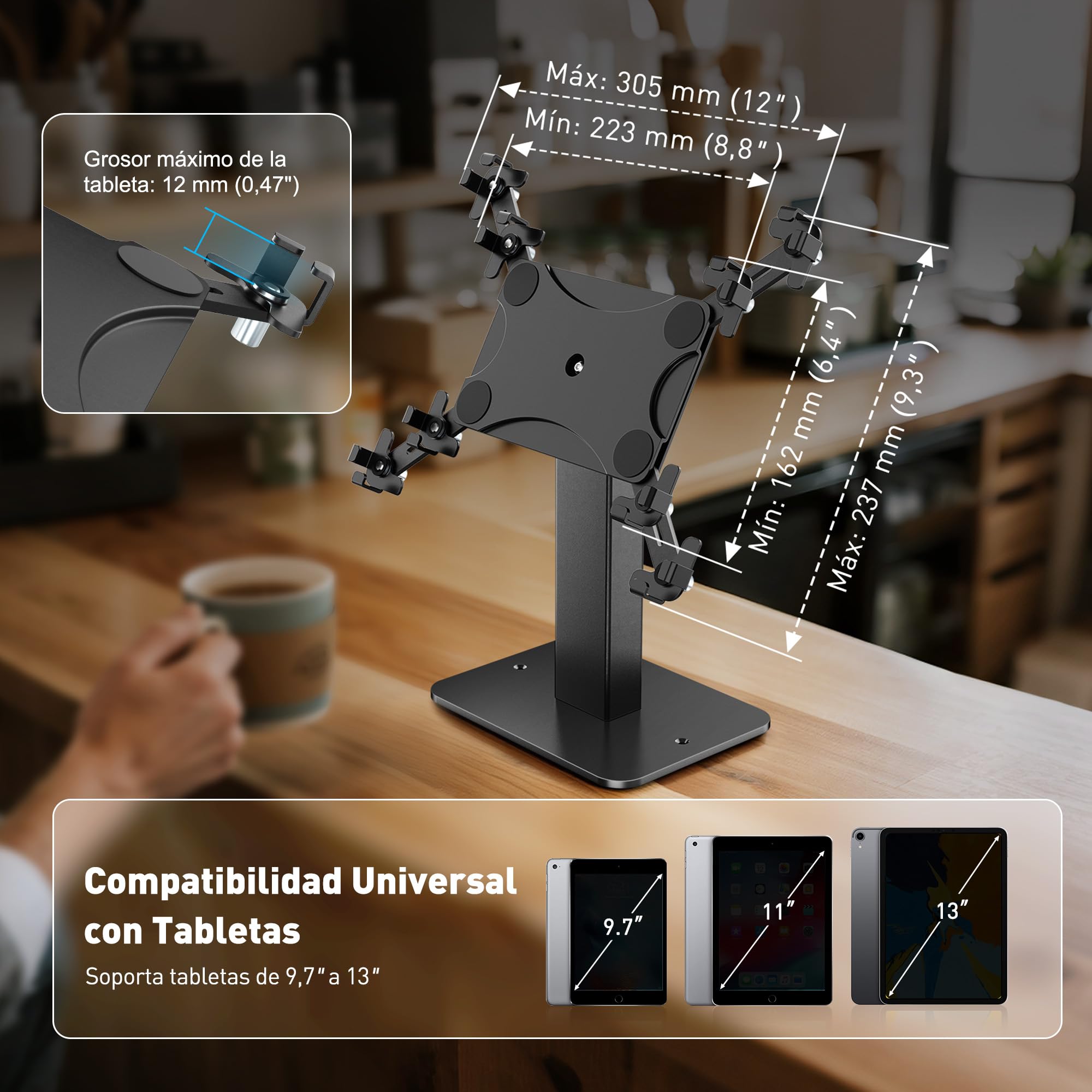 AboveTEK Soporte Antirrobo para iPad, Soporte Tablet TPV/kiosco 360° Giratorio, Altura Ajustable 21–34 cm, Compatible con tabletas 9,7–13", Base de Seguridad POS para Uso Comercial - Negro