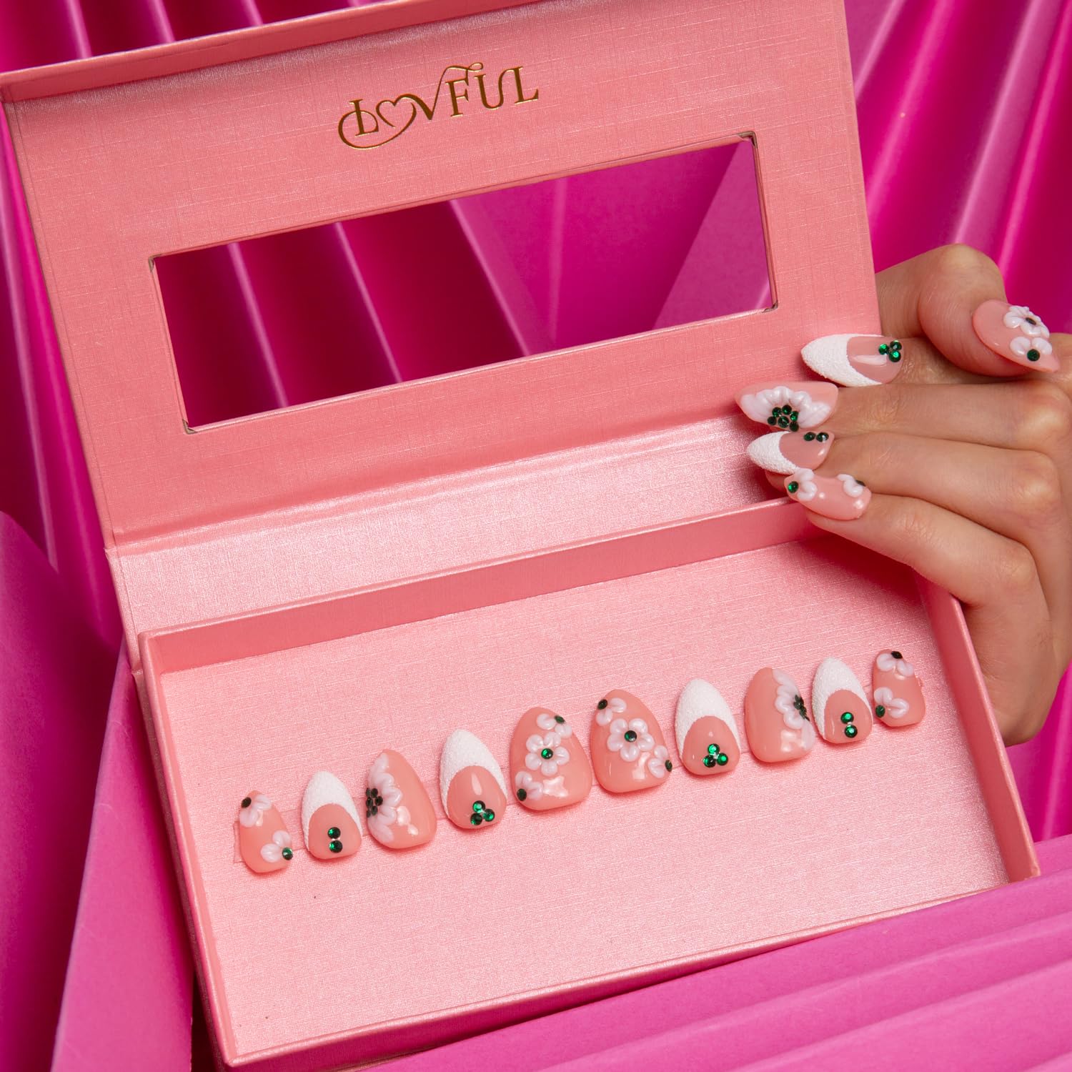 LOVFUL Press on Nails Floral French Tip Round | Handmade with Full Covered Crystals | Reusable Fake Nails | Square Regular 1.0 in | H70-M
