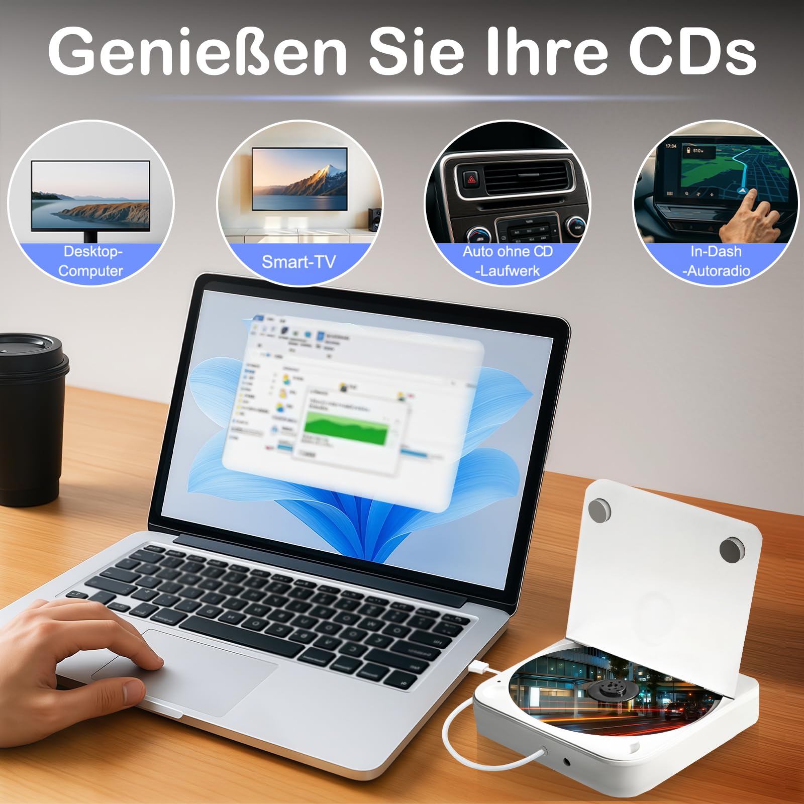 Tragbarer externer CD-Player für Auto: Plug-and-Play, mit USB & AUX, universell für Fahrzeuge, Laptop, TV, PC sowie Android 4.4+ Navigation