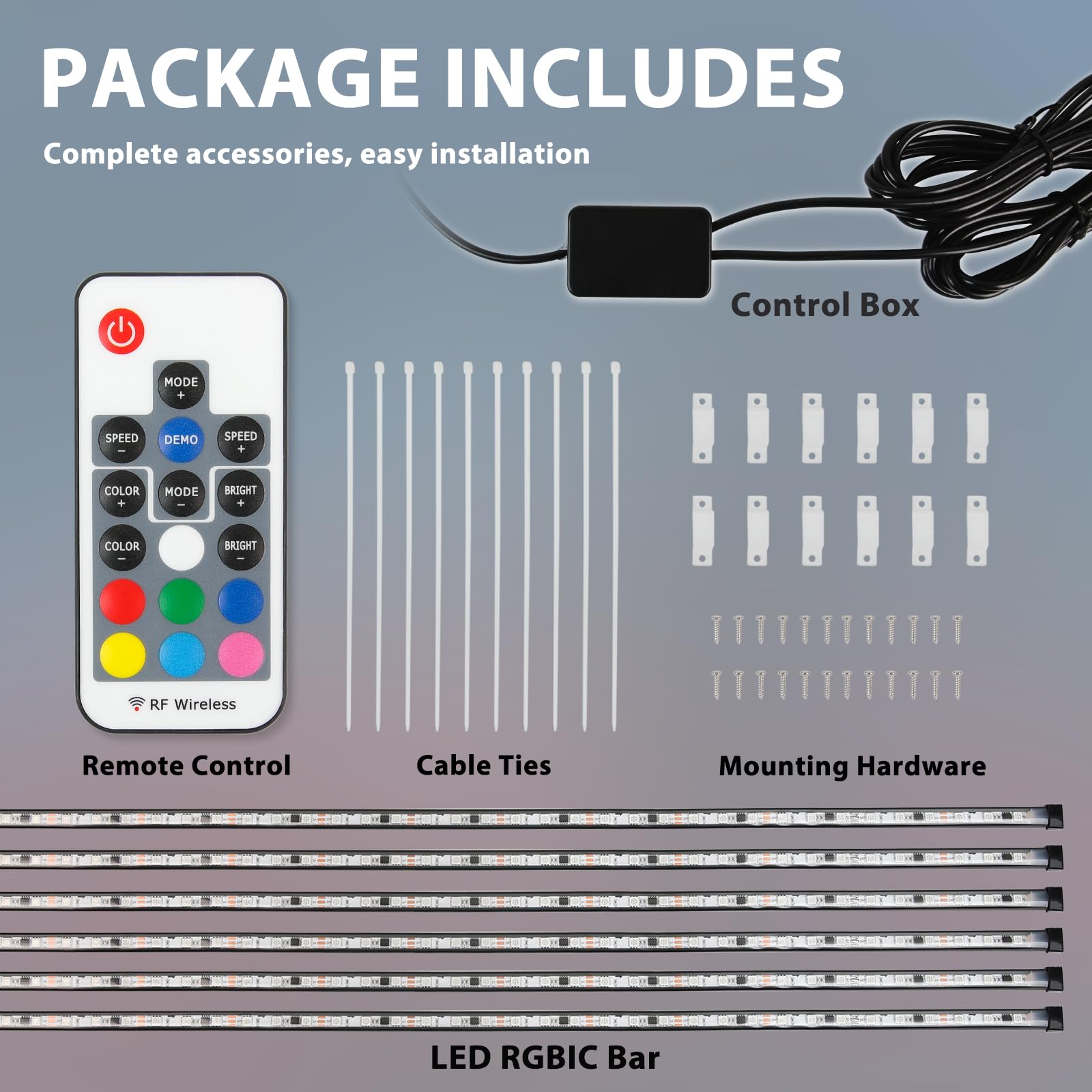 Car Underglow Neon Accent Strip Lights, 6PCS RGB LED Under Glow Light Kit for Car,Waterproof Exterior Car Light Strips for Van SUV Truck,with APP & RF Remote Control,DC 12V