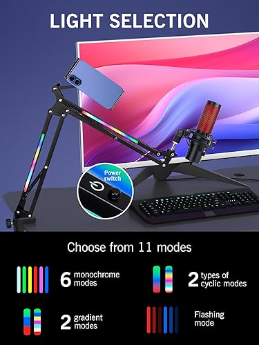 Miniatura 2 de SUNMON Brazo de brazo RGB - Brazo de micrófono con luz RGB, 11 modos de luz ajustables, brazo de micrófono con adaptador compatible con micrófono