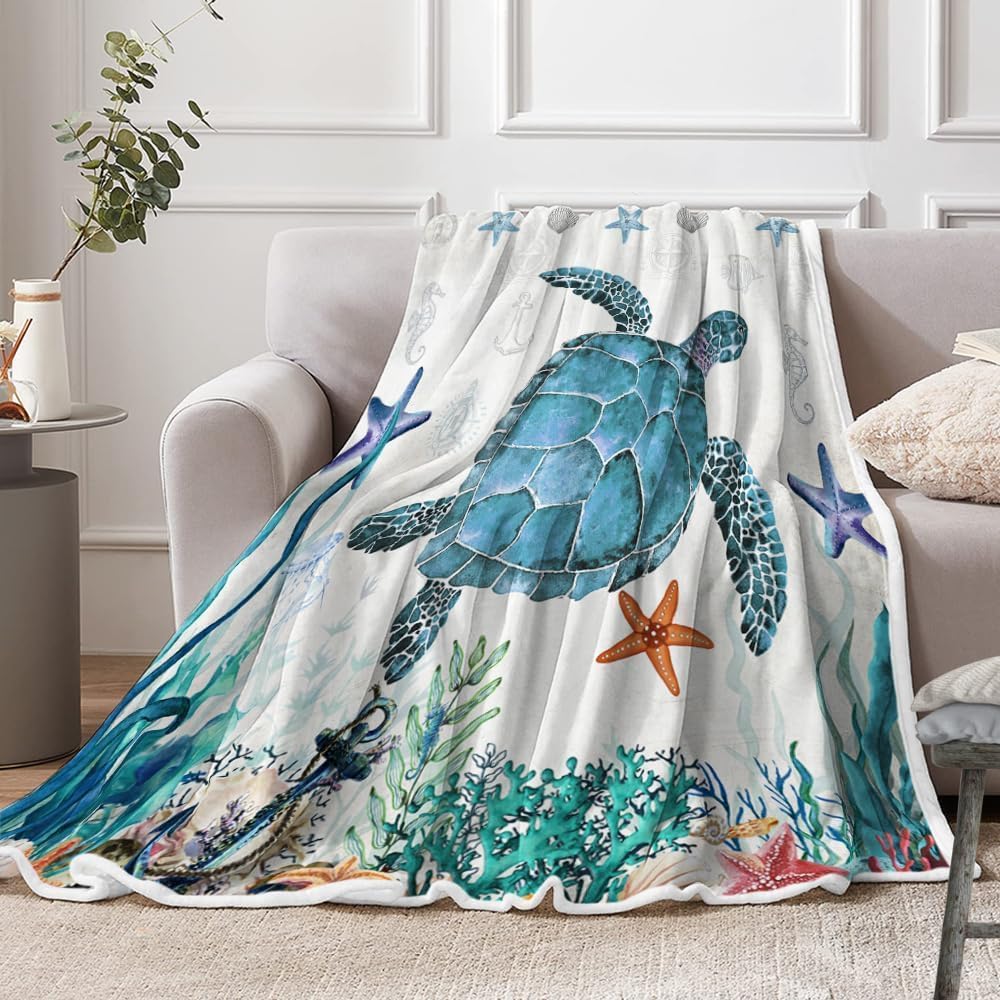 Sea Turtle Blanket Gifts for Women Kids, Beach Ocean Animal Theme Soft Flannel Blanket, Cozy Plush Turtle Decor for Travelling Camping Sofa Couch Bed Birthday Gifts Throw Blanket 60X70IN - Image 4