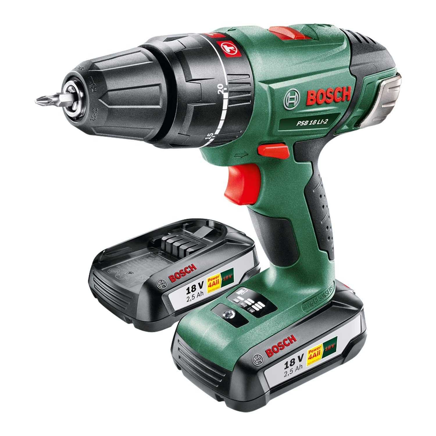 Bosch 0603982371 PSB 18 LI-2 Cordless Combi Drill with Two 18 V Lithium-Ion Batteries, Green