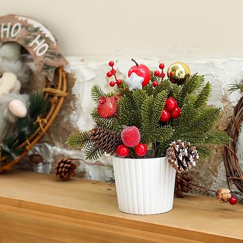 Miniatura 8 de Árbol de Navidad de mesa de 12 pulgadas con maceta de cerámica blanca, mini árbol de Navidad decoraciones navideñas con manzanas, piñas, bolas de