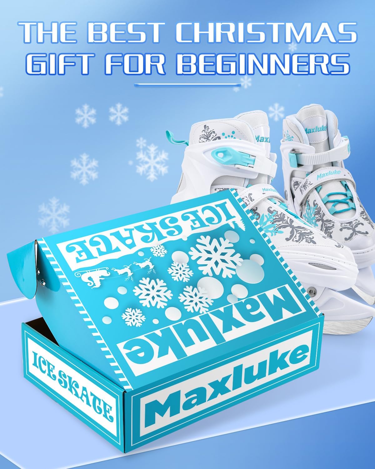 Girl's Adjustable Ice Skates | Ice Hockey Skates for Kids Girls Boys | Youth Beginner Ice Skating Shoes for Outdoor and Rink | Soft Comfortable Lining | White Snowflake Style