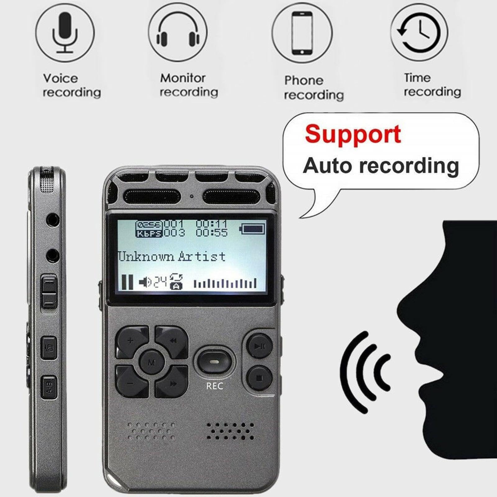 Dictaphone audio numérique rechargeable avec écran LCD 8 Go