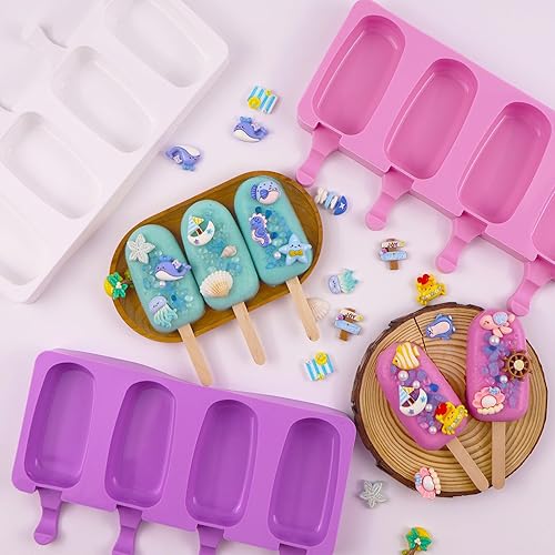 Miniatura 3 de 3 moldes de silicona grandes para paletas con tapas, 4 cavidades, moldes ovalados para barra de helado, moldes de silicona con 100 palos de madera,