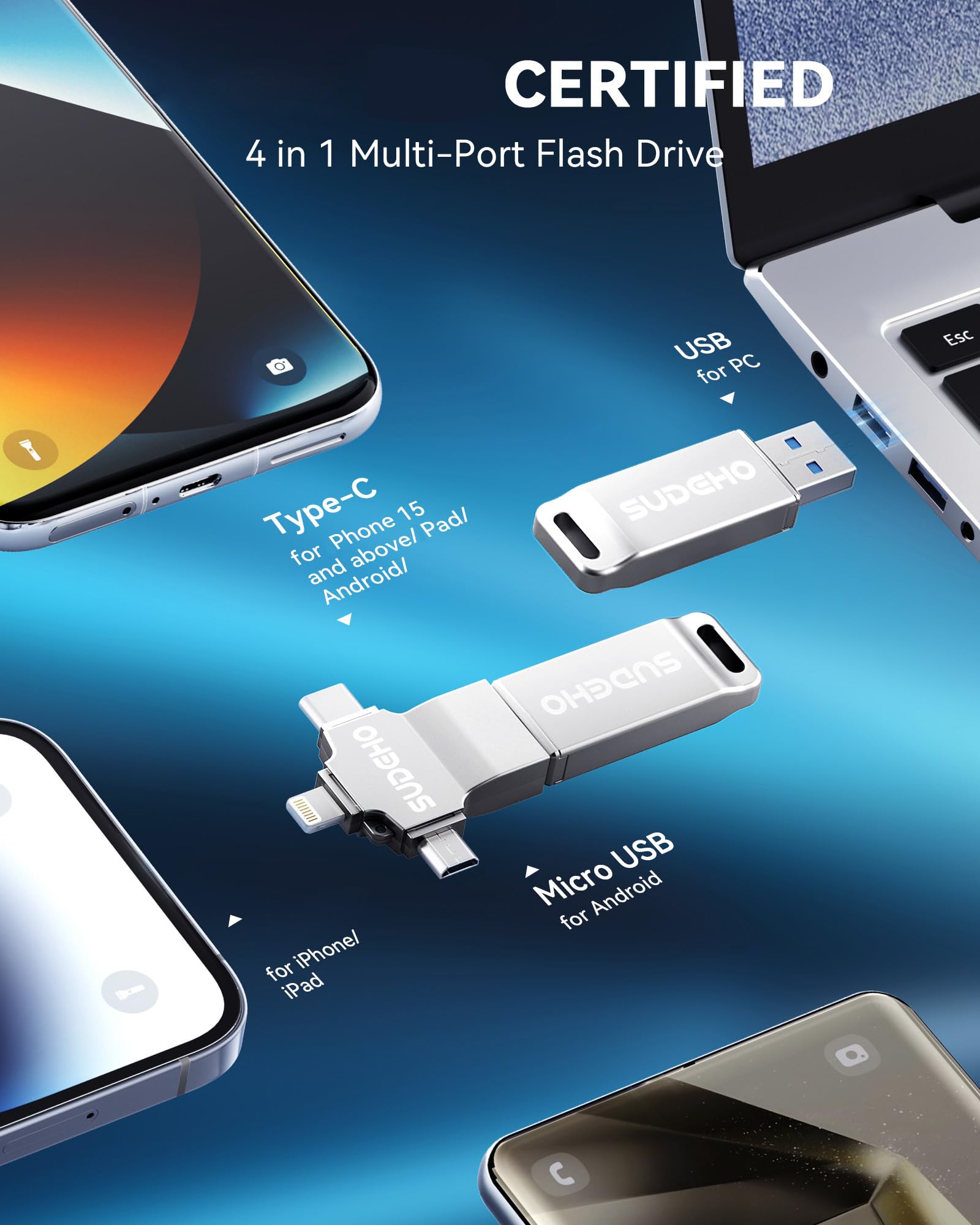 Memoria USB 16GB para Phone, 4 en 1 USB 3.0, Compatible con Pad Android PC, para Fotos vídeos música,Plata Espacial - 3