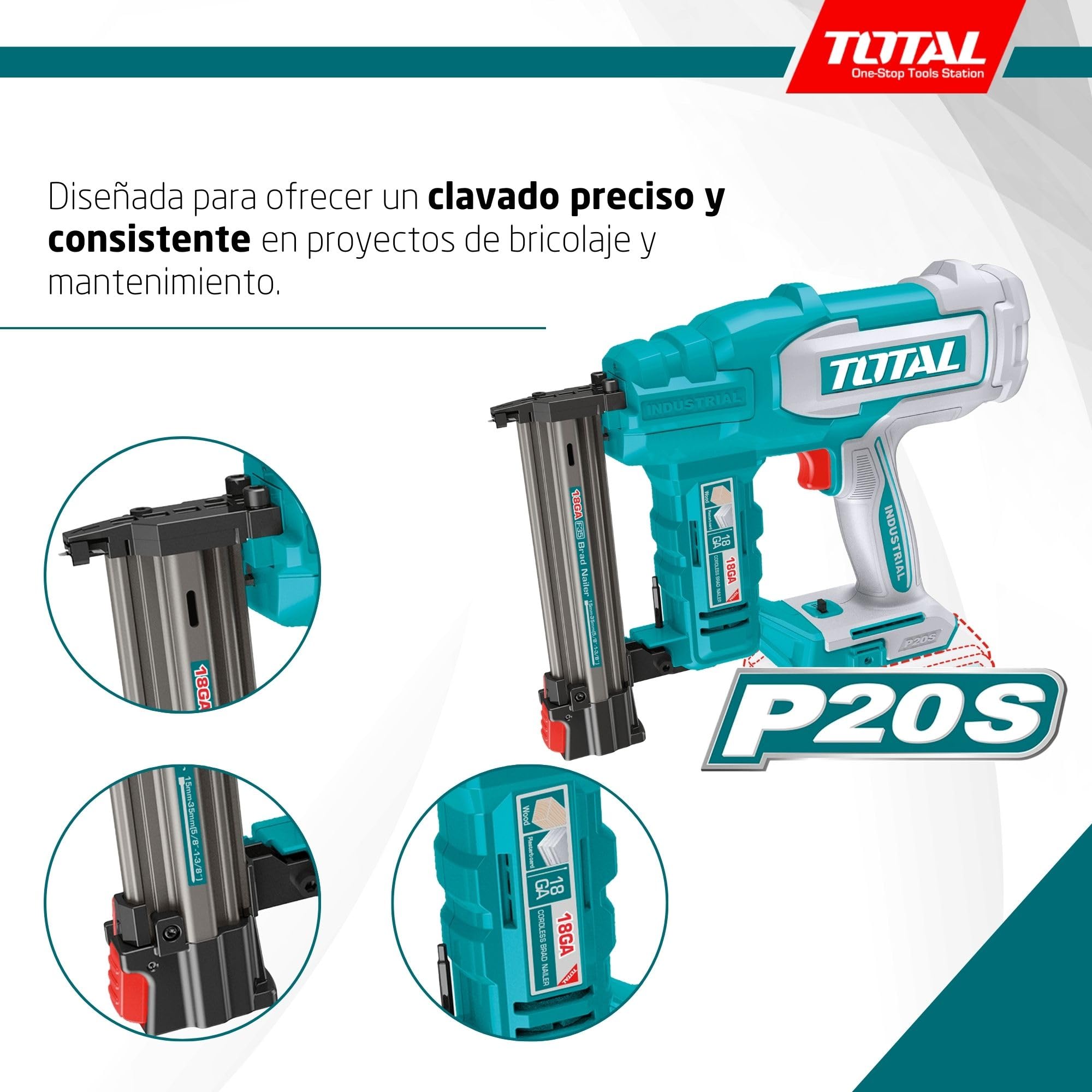 TOTAL - Clavadora a Batería 20V Profesional; 2 Clavos; Compatible F15-F35; Cargador 105 Clavos; Modelo TCBNLI2005; Herramienta Eléctrica sin Batería ni Cargador