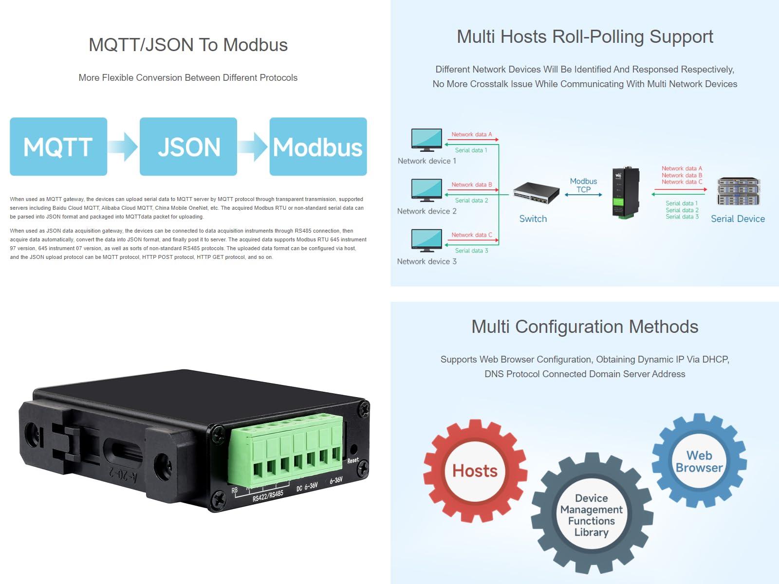 Waveshare RS232/RS485/RS422 to RJ45 Ethernet Converter Module, Industrial Rail-Mount Isolated Serial Server,TCP/IP to Serial Module,10 / 100M Auto-Negotiation RJ45 Connector