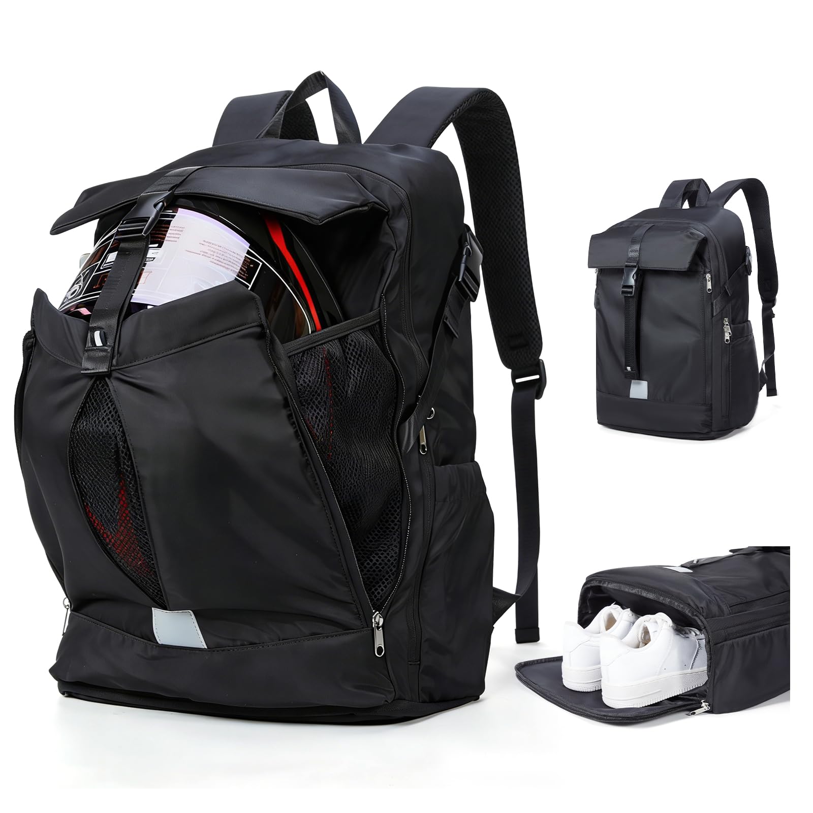 Mochila Moto Hombre Mujer Mochilas para Moto Impermeable Mochila de Baloncesto con Zapatillero Mochilas de Motocicleta Viaje para Laptop Viaje Bolsa Casco Gran Capacidad,Negro
