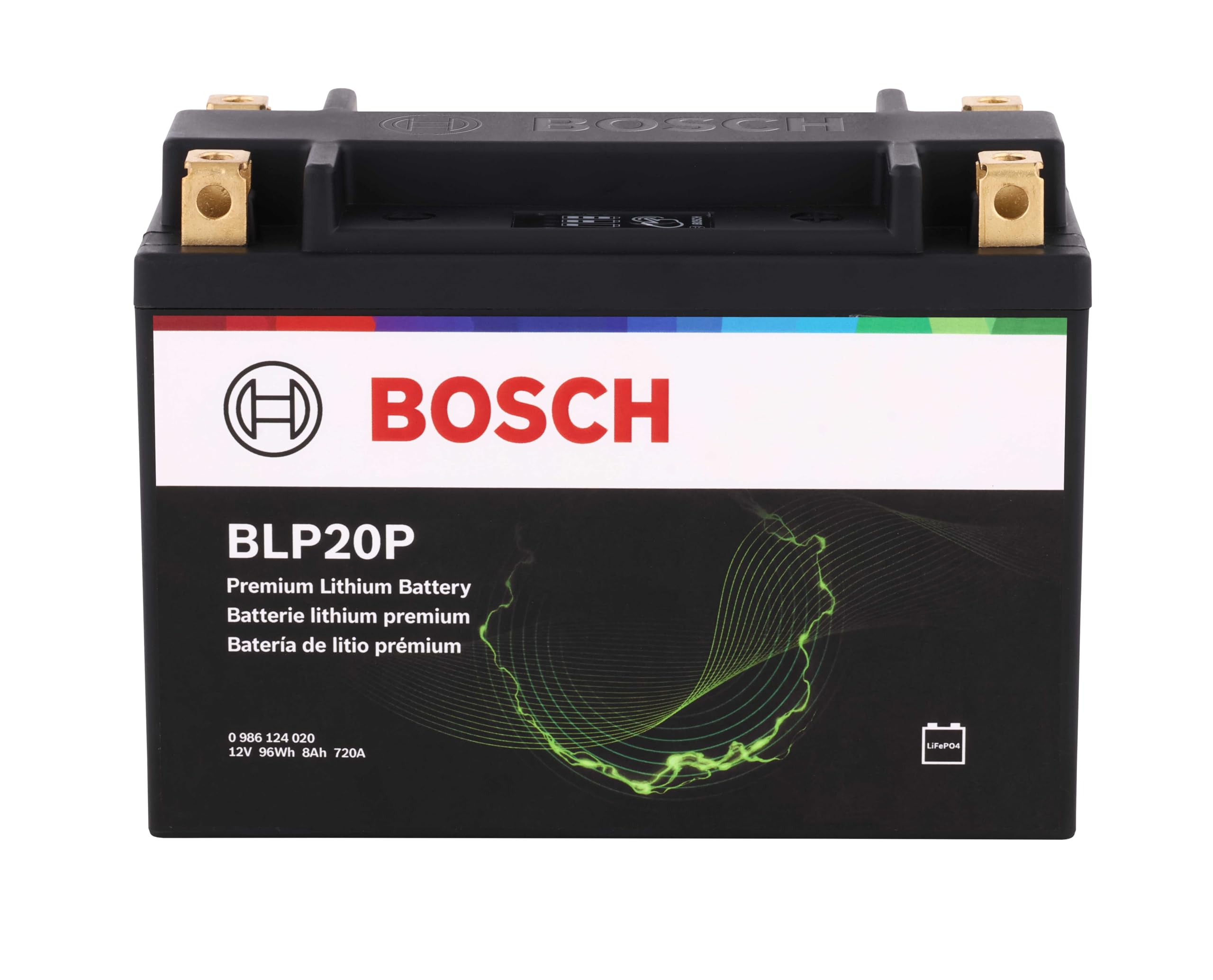 BOSCH BLP20P Premium Lithium PowerSport Battery - Group 20, 12V, 480 CA | Fast Charging and 4X Longer Life - Ideal for Motorcycles, ATV/UTVs, Scooters, Jet Skis + More; 6.89”L x 3.43”W x 5.12”H