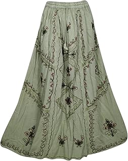 Mogul Interior Womens Gypsy A-Line Skirts Floral Embroidered Free and Easy Summer Ethnic Long Skirts S/M Green