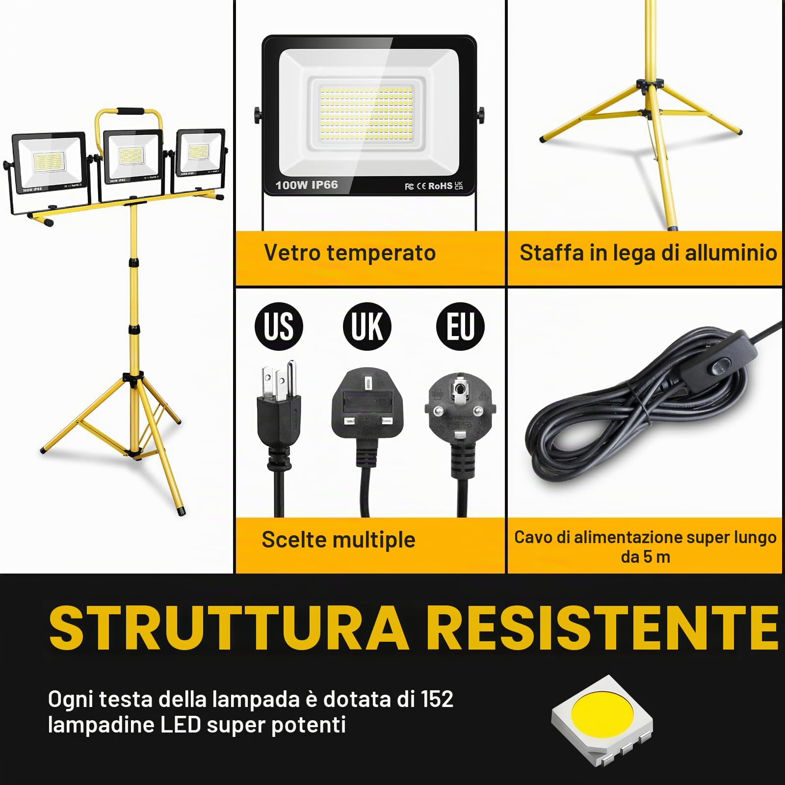 RIGIDON 300W 3x proiettore led da lavoro, treppiede faretto led, 6000K | altezza regolabile 36cm to 239cm, cavo 5 metri, faretti, interno, esterno, campo sportivo, cantiere, garage, luci officina