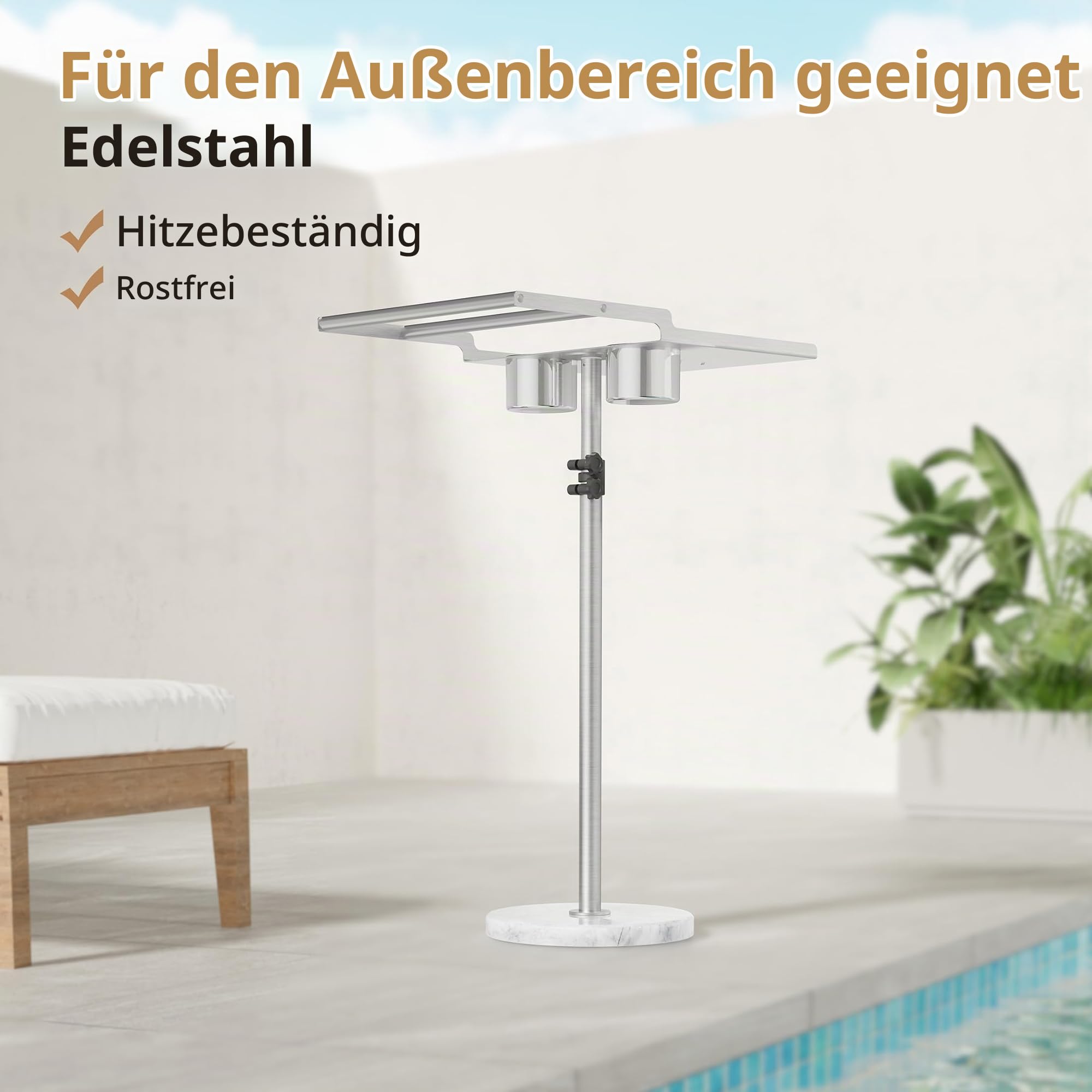 KES Handtuchhalter Outdoor für Whirlpool, Höhenverstellbar Handtuchständer Edelstahl mit 2 Getränkehaltern 360° Drehbar Pool Handtuchhalter Stehend Marmor, Passend für Spa/Pool Gebürstet, OTR201-2
