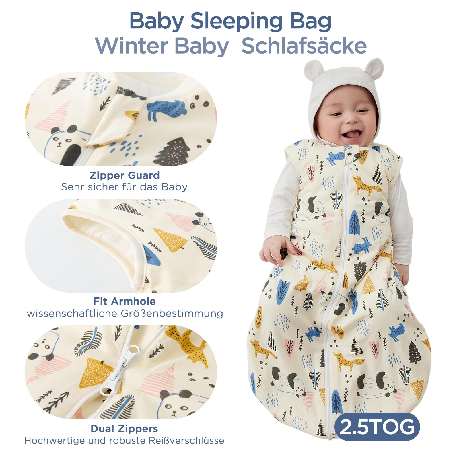 Duomiaomiao Sacco nanna Baby per l'intero anno 2.5Tog, 100% cotone Sacco per bebè invernale, neonato femmina, Sacco nanna caldo per bambini neonati(Panda/85)