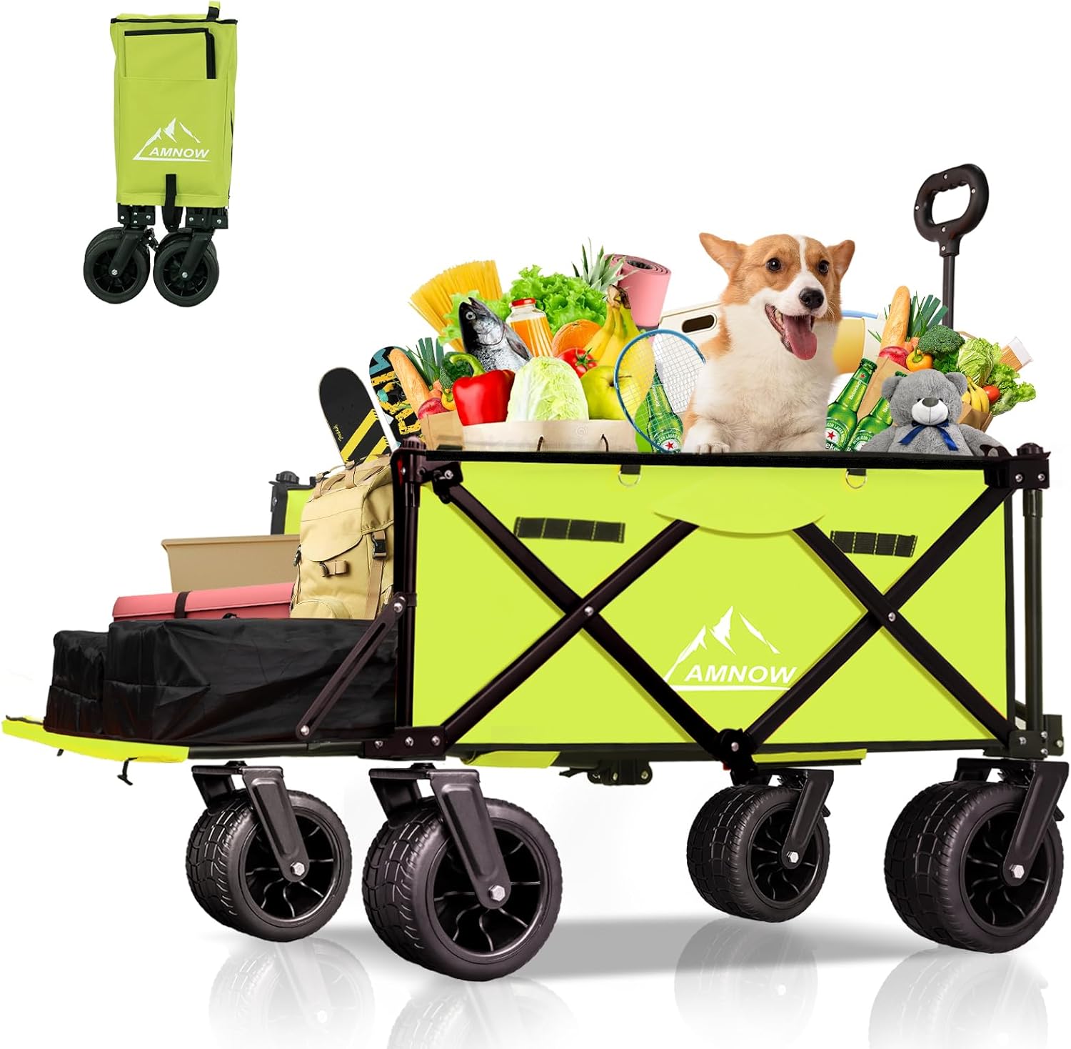 Collapsible Beach Wagon Cart with Big Wheels, 440LBS Upgrade Large Capacity Folding Wagon, Foldable Grocery Cart with Side Pocket and Brakes, Ideal for Sand Camping Outdoor Garden Sports, Green