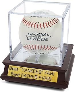 DECOMIL - UV Single Baseball Display Case, Holder - UV Protection Acrylic Cube with Wooden Stand Cherry Finish Customize, Upgraded, Name Plate