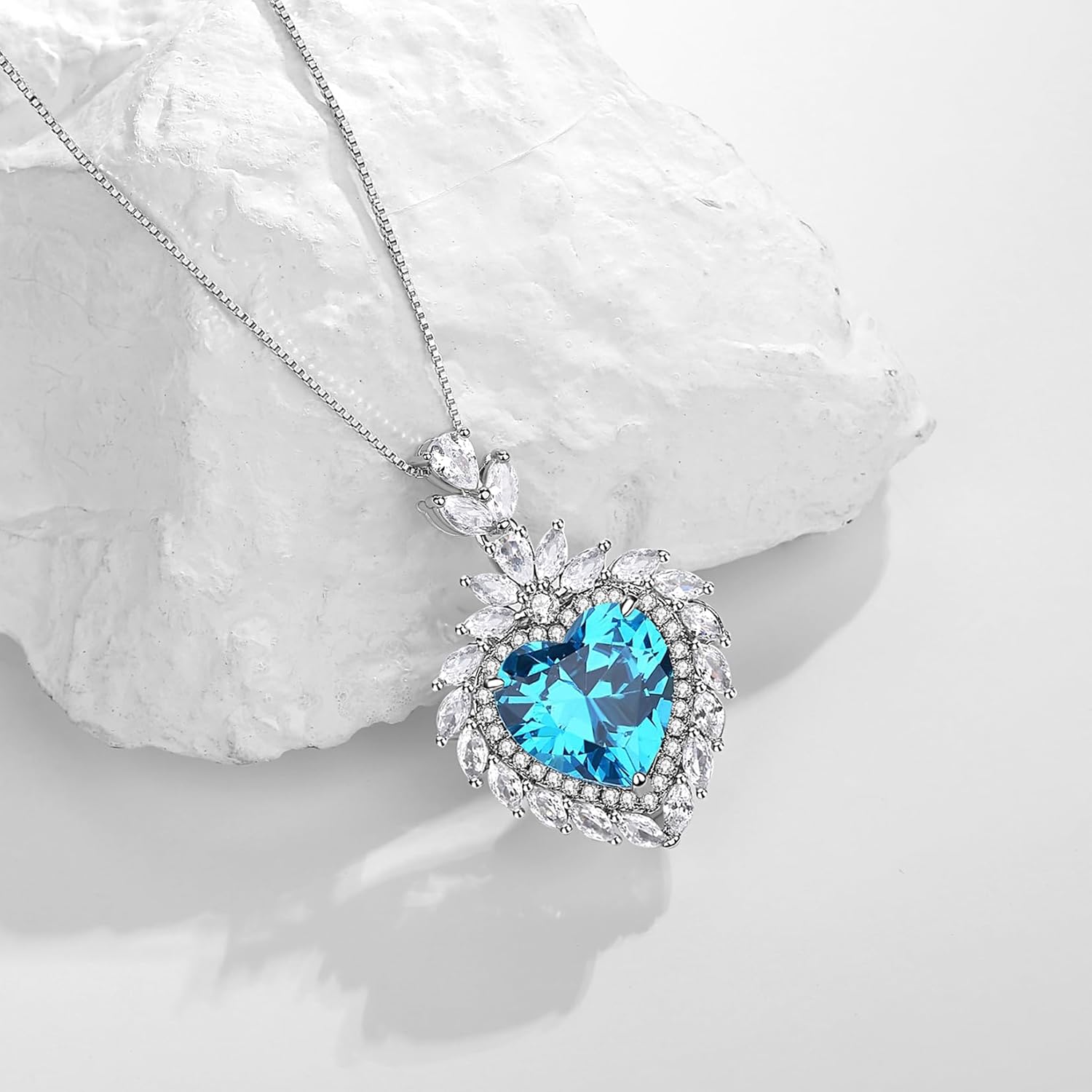 Cubic Zirconia Heart Pendant Necklace for Women, Simulated Sky Blue Topaz Necklace, Vintage Crystal Love Necklace Statement Birthstone Jewelry - Image 4