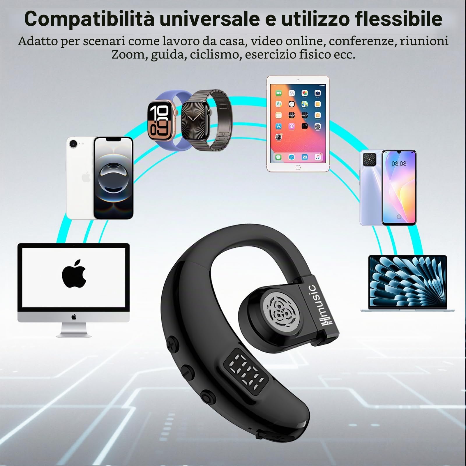 Hmusic Auricolare Bluetooth Singolo V5.4, Rotazione 180°, per Orecchio sinistro e destro, IPX5 Impermeabile, 20 Ore di Autonomia con microfono ENC, per guida, lavoro e sport (nero)