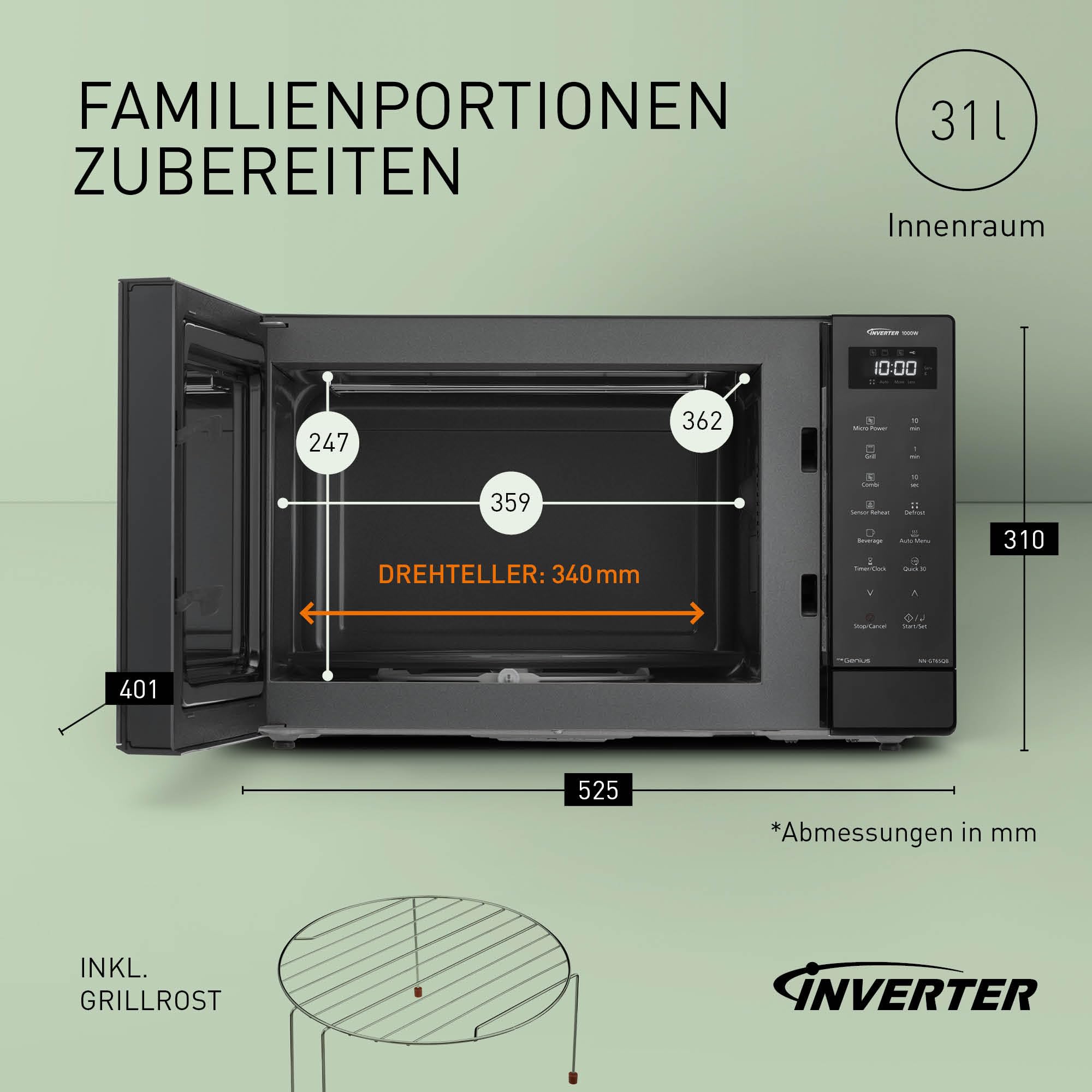 Panasonic NN-GT65QBEPG 31L Kombi-Mikrowelle mit Grillfunktion, 23 Automatische Programme,1000 W, Kombi-Kochen, 7 Leistungsstufen, Turbo-Auftaufunktion, LED-Beleuchtung, Drehteller, Schwarz