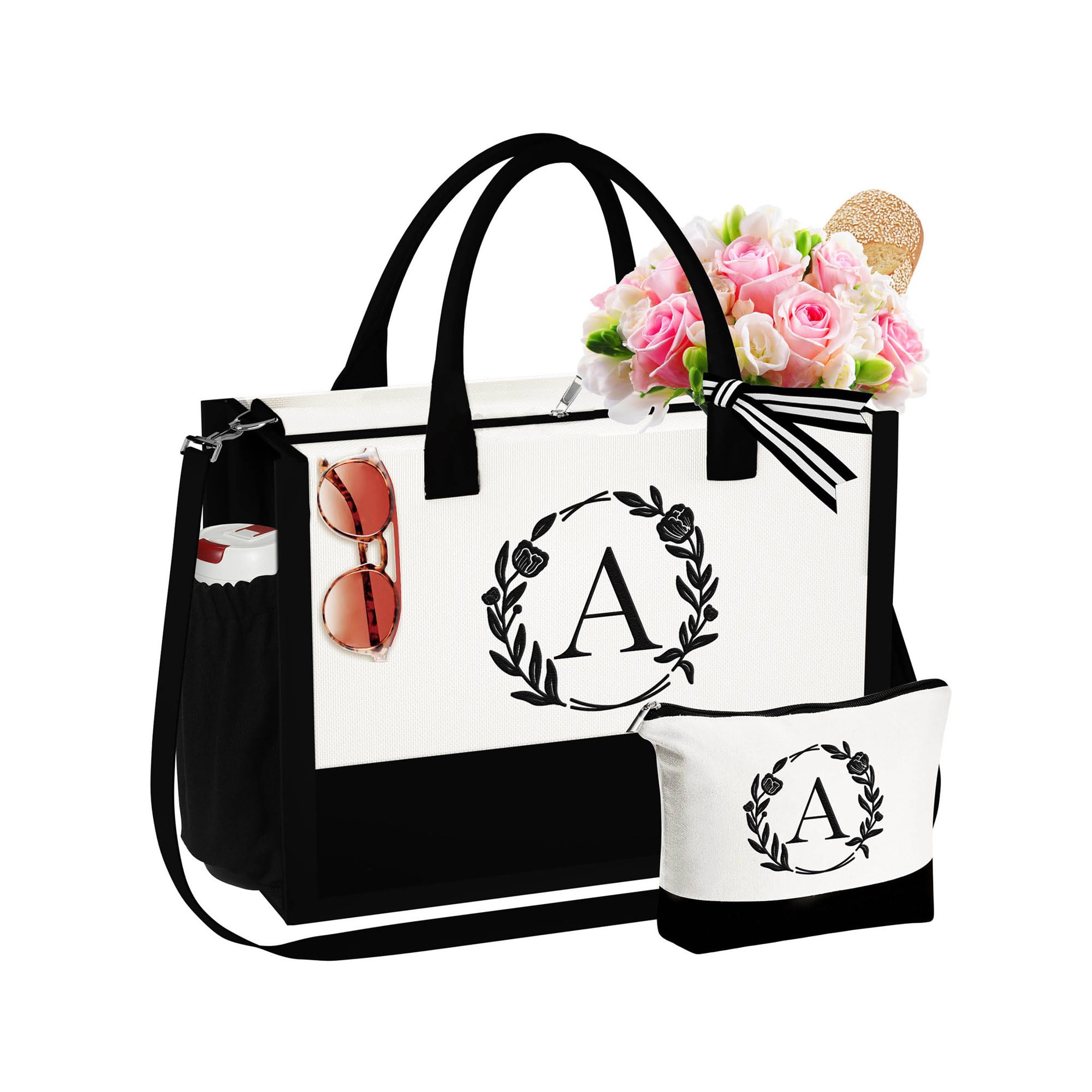 YOOLIFEGifts for Women - Initial Canvas Tote Bag Makeup Bag, Personalized Gifts for Women Mom Wife Teacher Friend Birthday