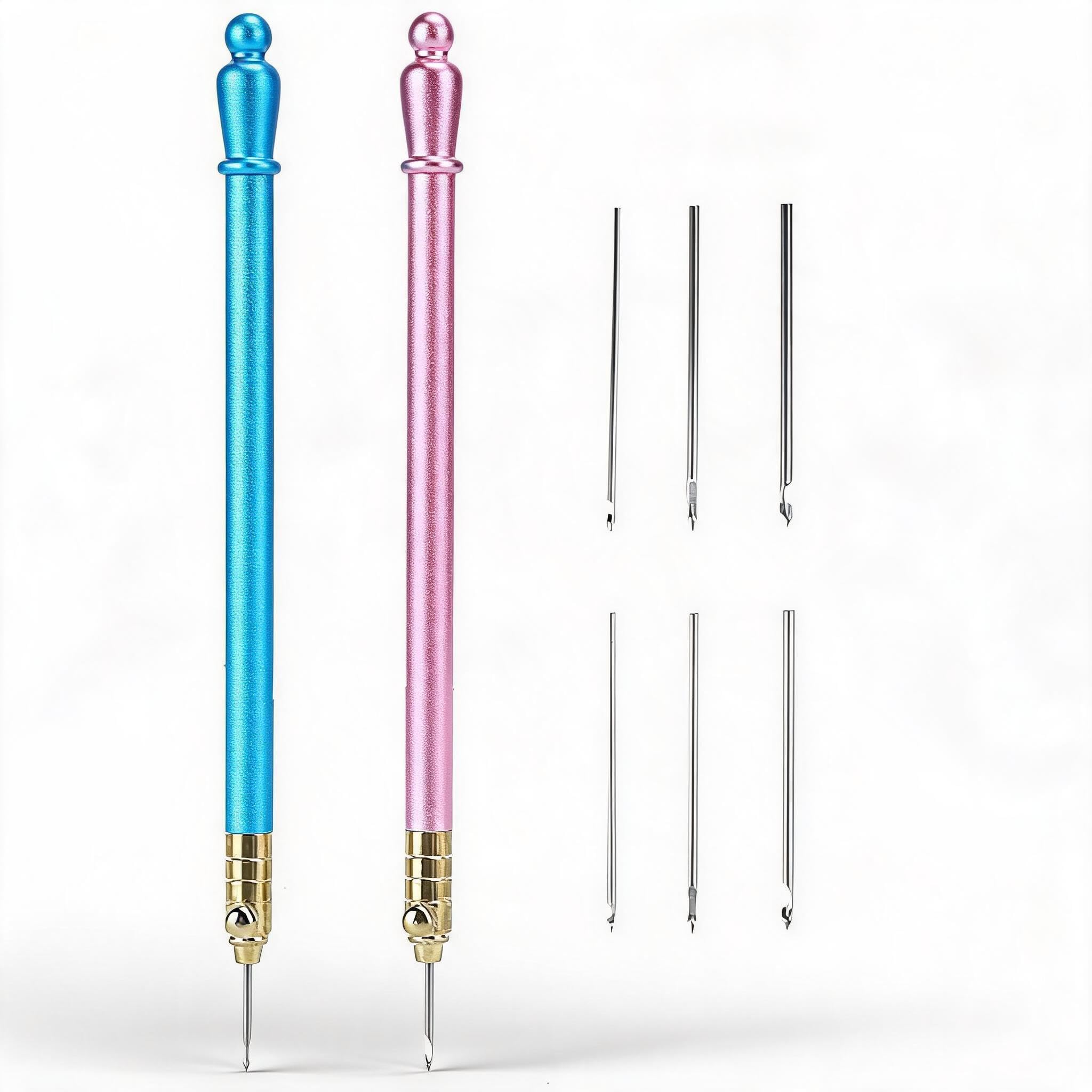 Embroidery Crochet Hook Set with 3 Needle Sizes, Stainless Steel Handle for Tambour Beading, Sequins, Sewing & Craft, 2 Color Handles (Blue & Pink)