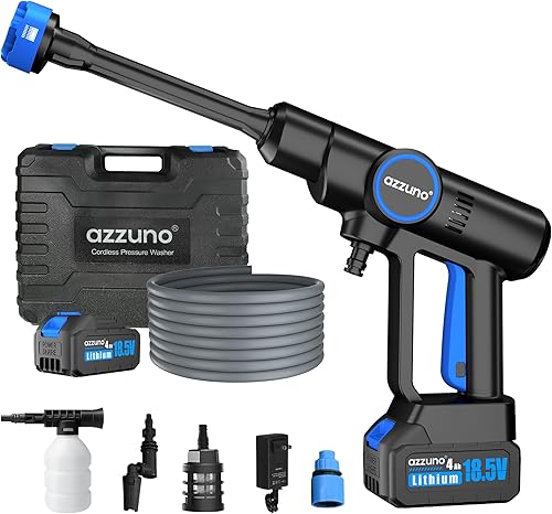 AZZUNO Lavadora a presión sin frío, lavadora a presión portátil de 850 PSI, 2 cañones de lavadora de 4000 mAh con boquilla 6 en 1, limpiador de mano