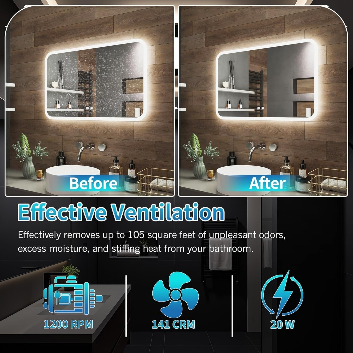 Bathroom Exhaust Fan with Light, 10" Inch Square Bath Fan Light, 141CFMCeiling Mount Ventilation Fan, Ultra Quiet 1.0 Sone Shower Exhaust with LED Lights for Home/Office